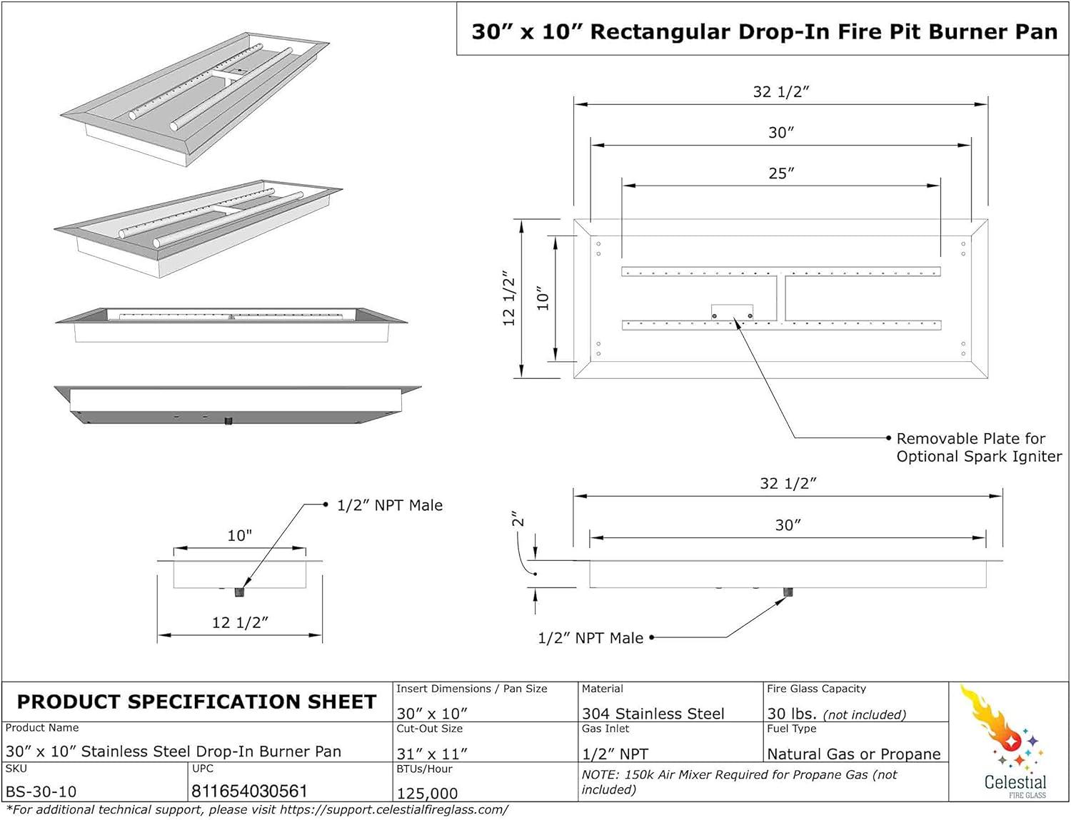 Rectangular Stainless Steel Drop-in Fire Pit Pan with H-Burner