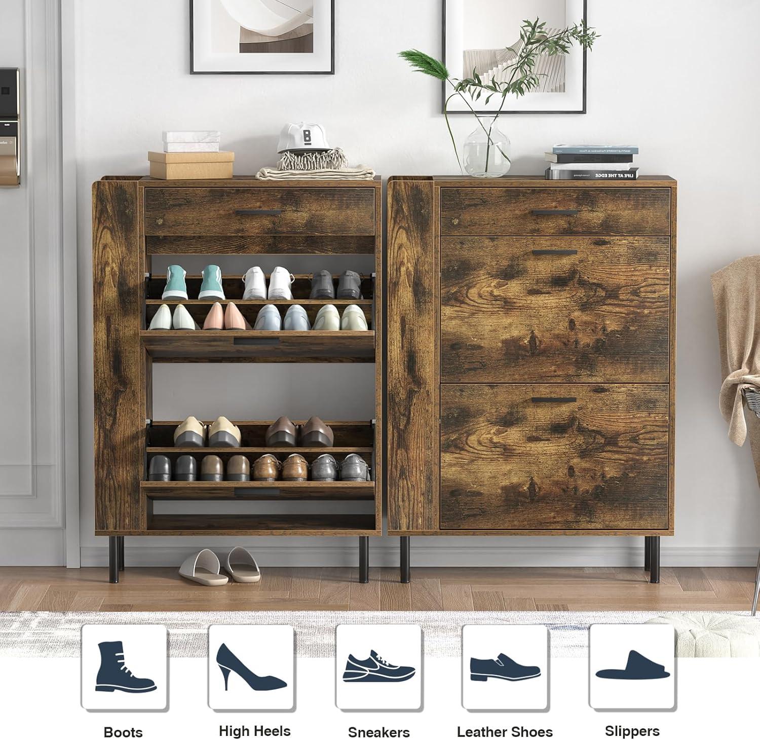 Shoe Cabinet Storage for Entryway  Freestanding Slim Shoe Organizer Cabinet with 2 Flip Drawers  Narrow Shoe Rack with Open Shelves for Hallway  Living Room  White