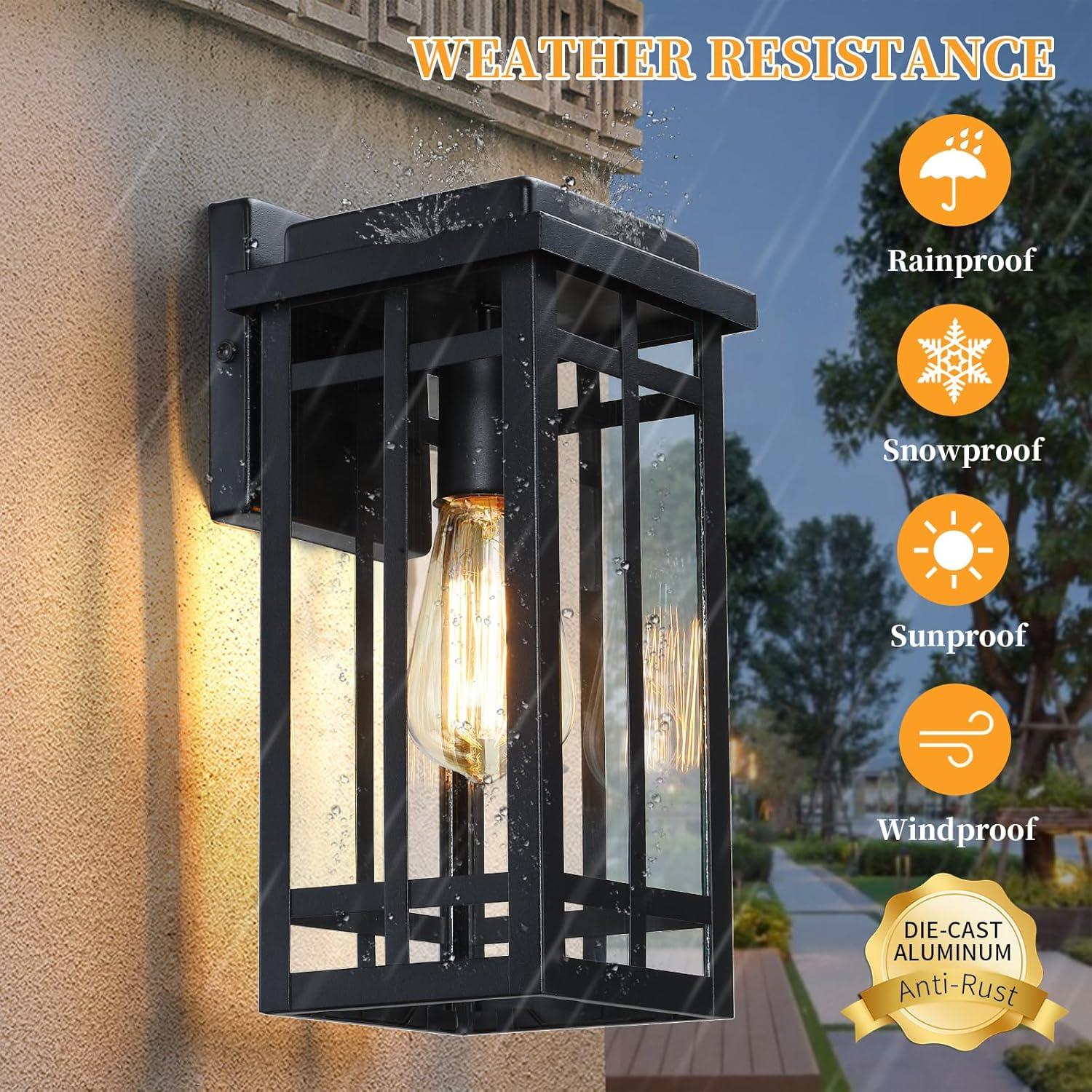 Black Modern Outdoor Wall Lanterns with Tempered Glass Shade, 9.76''