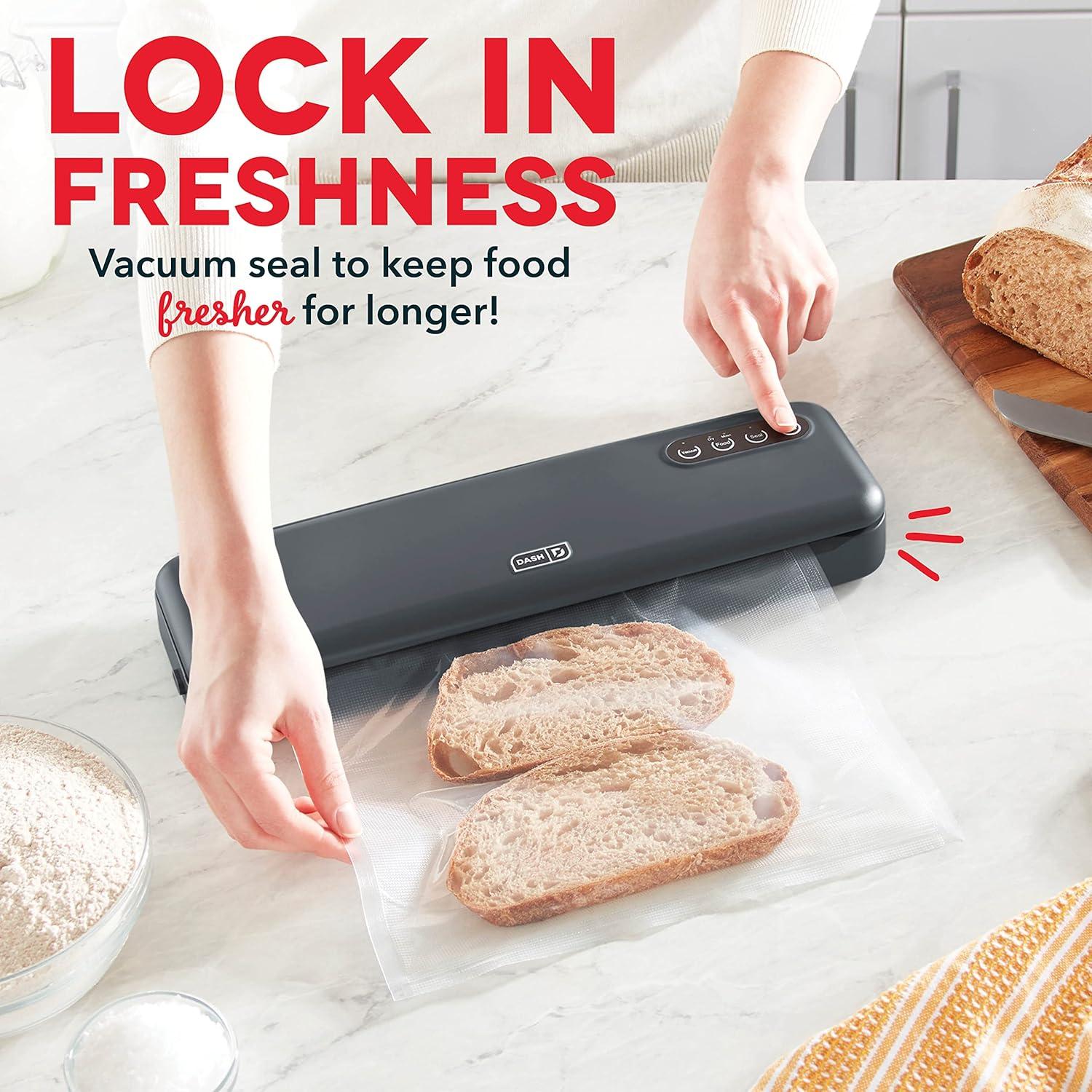 DASH SuperSeal™ Vacuum Sealer for Food Storage and Sous Vide, Perfect for Preserving Fresh Ingredients, Single Use & Reusable Bags and Cutter Included - Grey