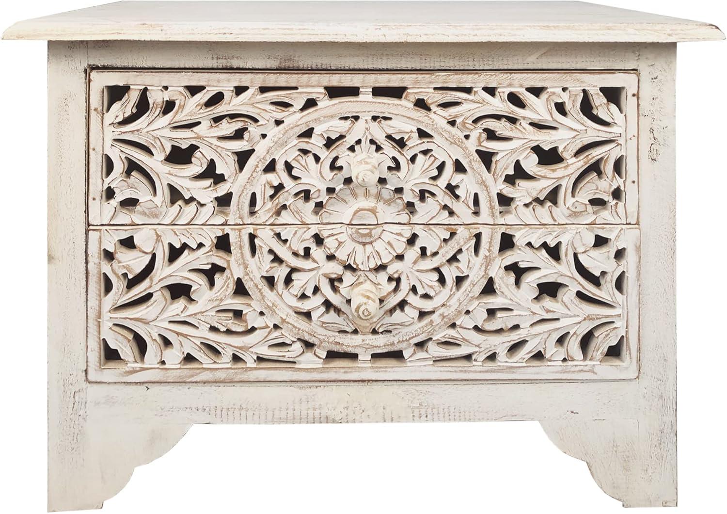 The Urban Port 24" Handcrafted Mango Wood Nightstand Side Table 2 Drawers Floral Carved Cut Out Design Antique White