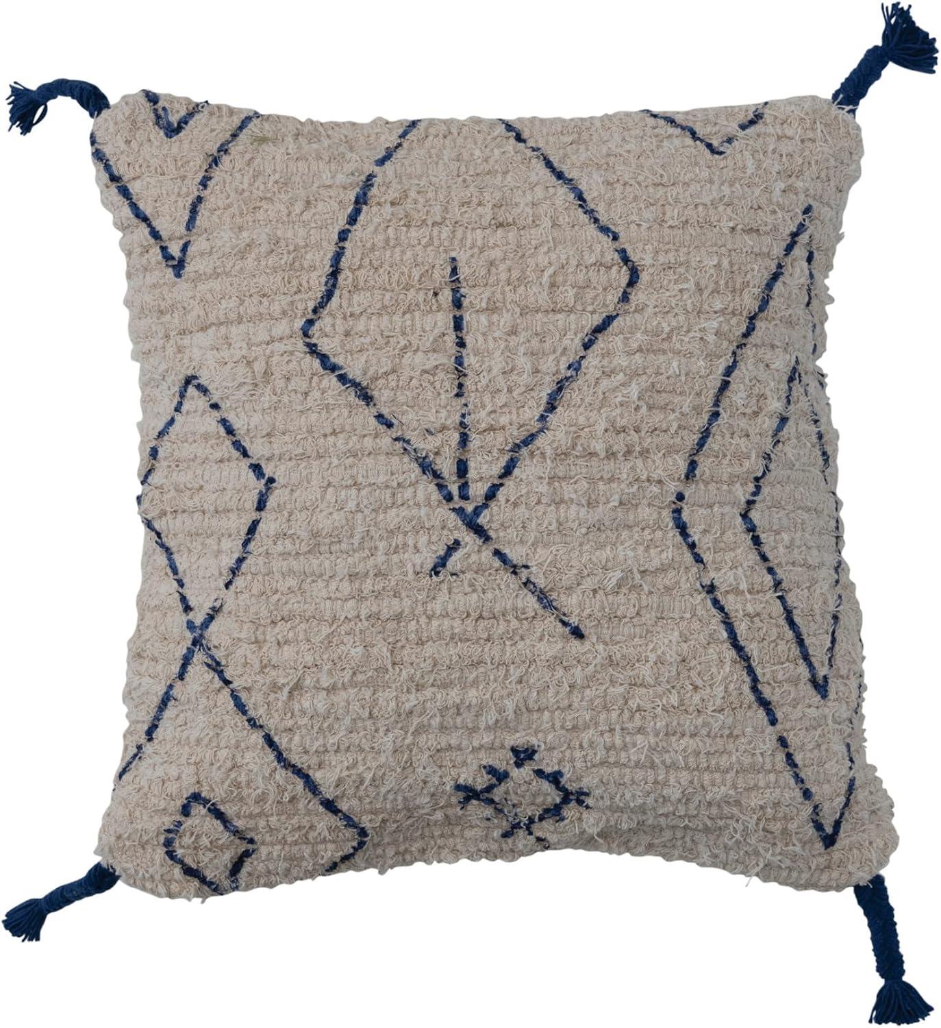 Natural and Blue Embroidered Cotton Euro Pillow Cover