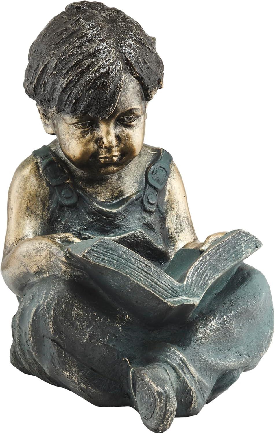 Alpine Corporation 16" Polyresin Girl and Boy with Dog Sitting on Bench Sculpture Bronze: Durable Outdoor Decor, Magnesium Oxide, Rust-Resistant