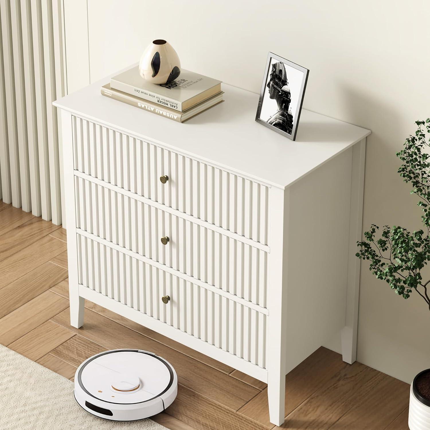 RoyalCraft Large 3 Drawer Dresser Set of 2, Fluted Wood Chest of Drawers with Storage, Modern Painted 30 inch Wide Nightstand for Bedroom Living Room Entryway, White