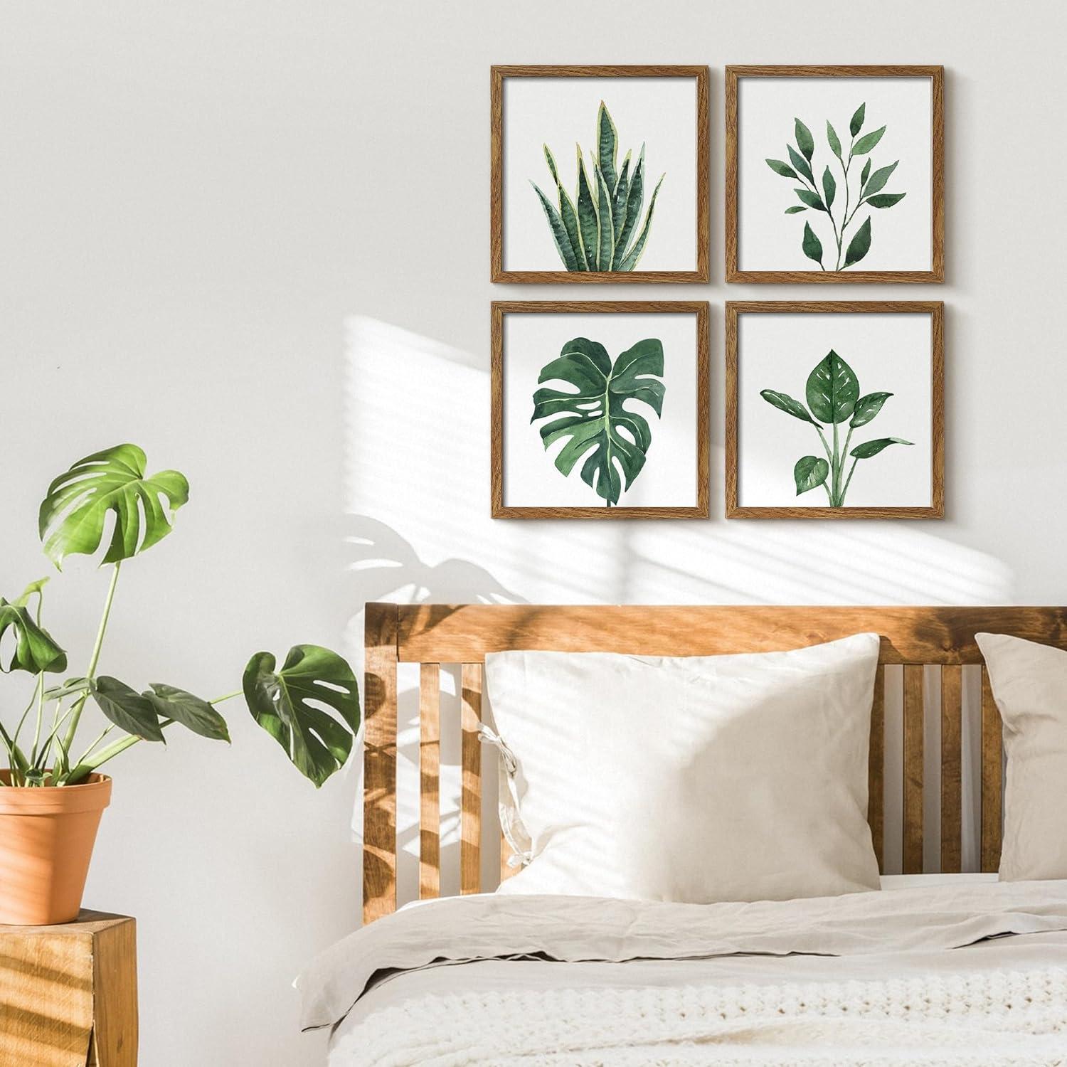 10x10 Walnut Botanical Green Plant Framed Wall Art Set