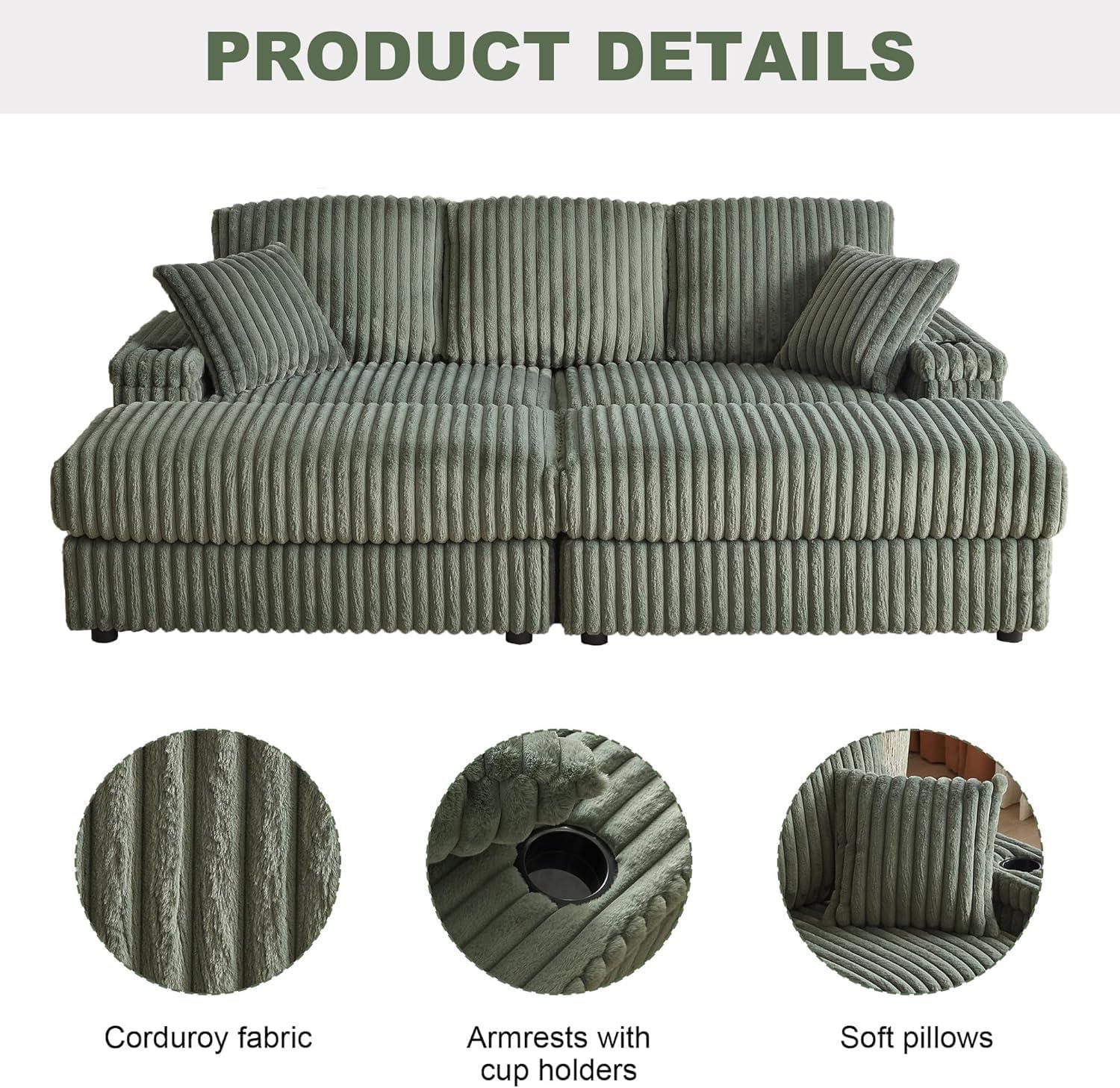Latitude Run® 84 Corduroy 3-Seater Sofa With 3 Back Pillows ,2 Toss Pillows , A Ottoman ,2Storage Spaces And Cup-Holding Grooves Comfy Sofa- Deep Seat Couch