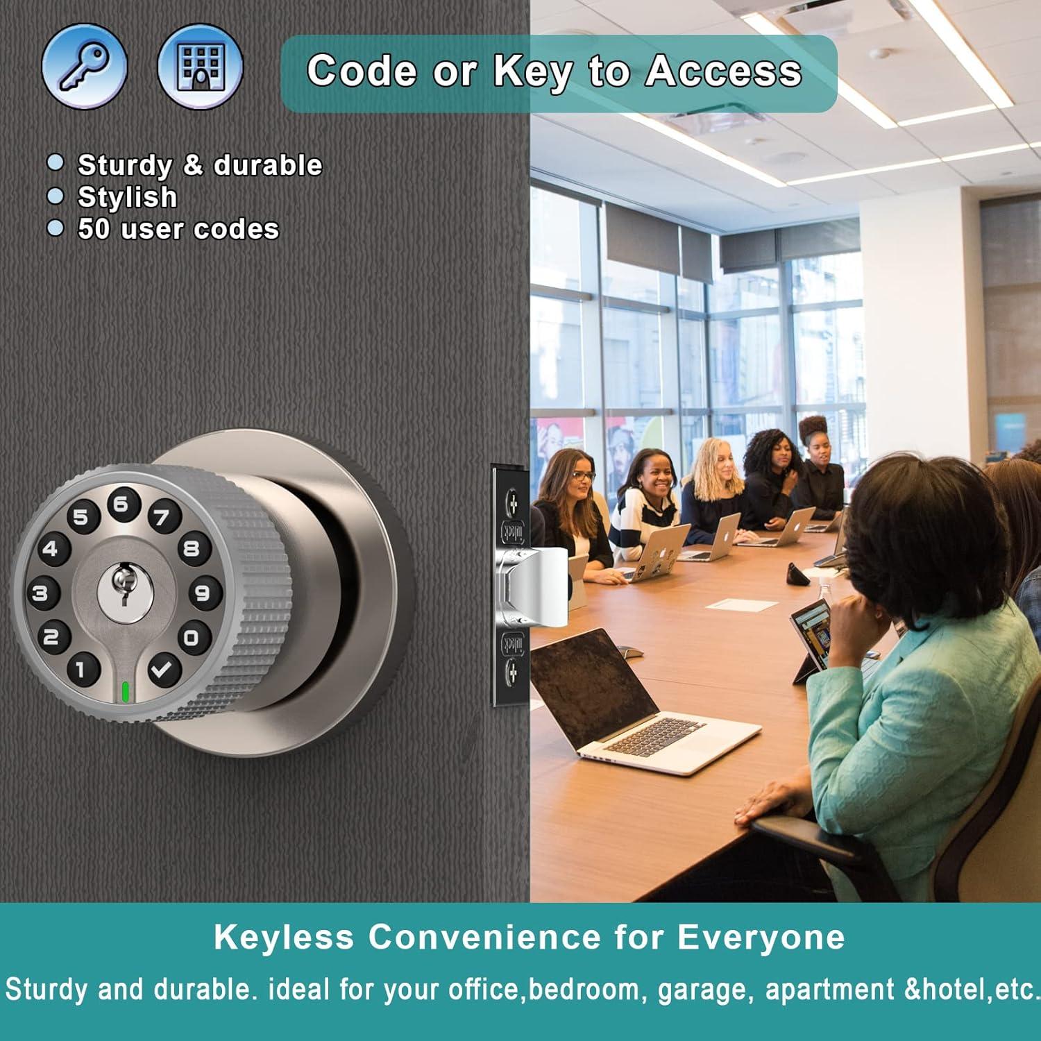 BOTHSTAR Keypad Door Knob with Key,Keyless Entry Door Lock, Code Locks Door Knob, Auto Lock,50 User Code,Easy to Install,for Home,Office,Hotel,Bedroom,Garage,No Deadbolt-Satin Nickel Finish