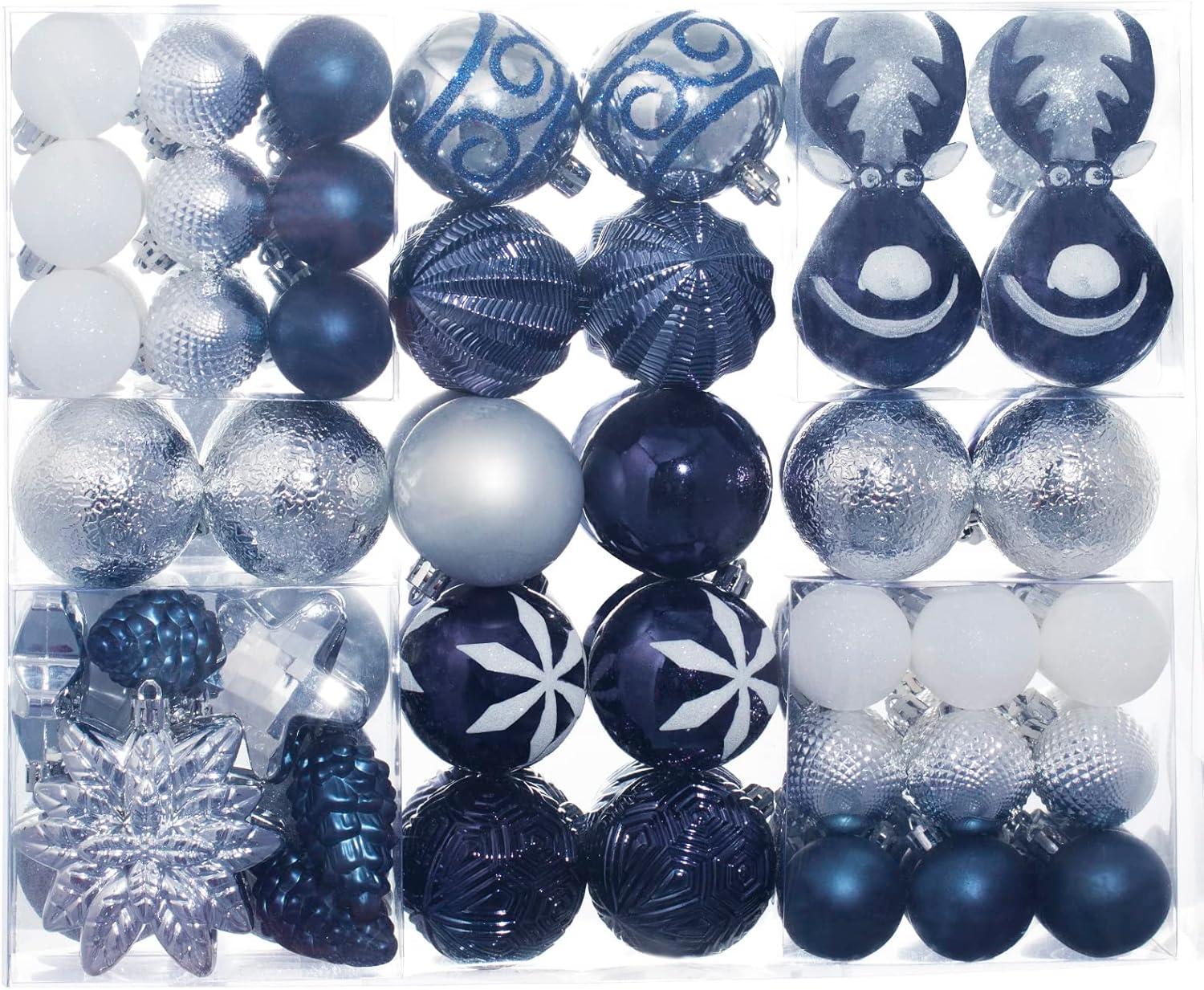 Navy Blue and White Shatterproof Plastic Christmas Ball Ornaments Set