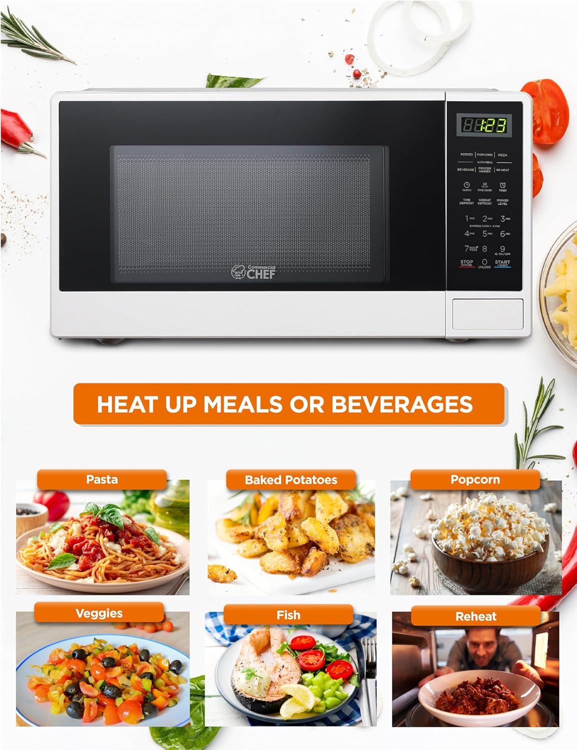 COMMERCIAL CHEF 1.1 Cu Ft Microwave with 10 Power Levels, Small Microwave with Push Button