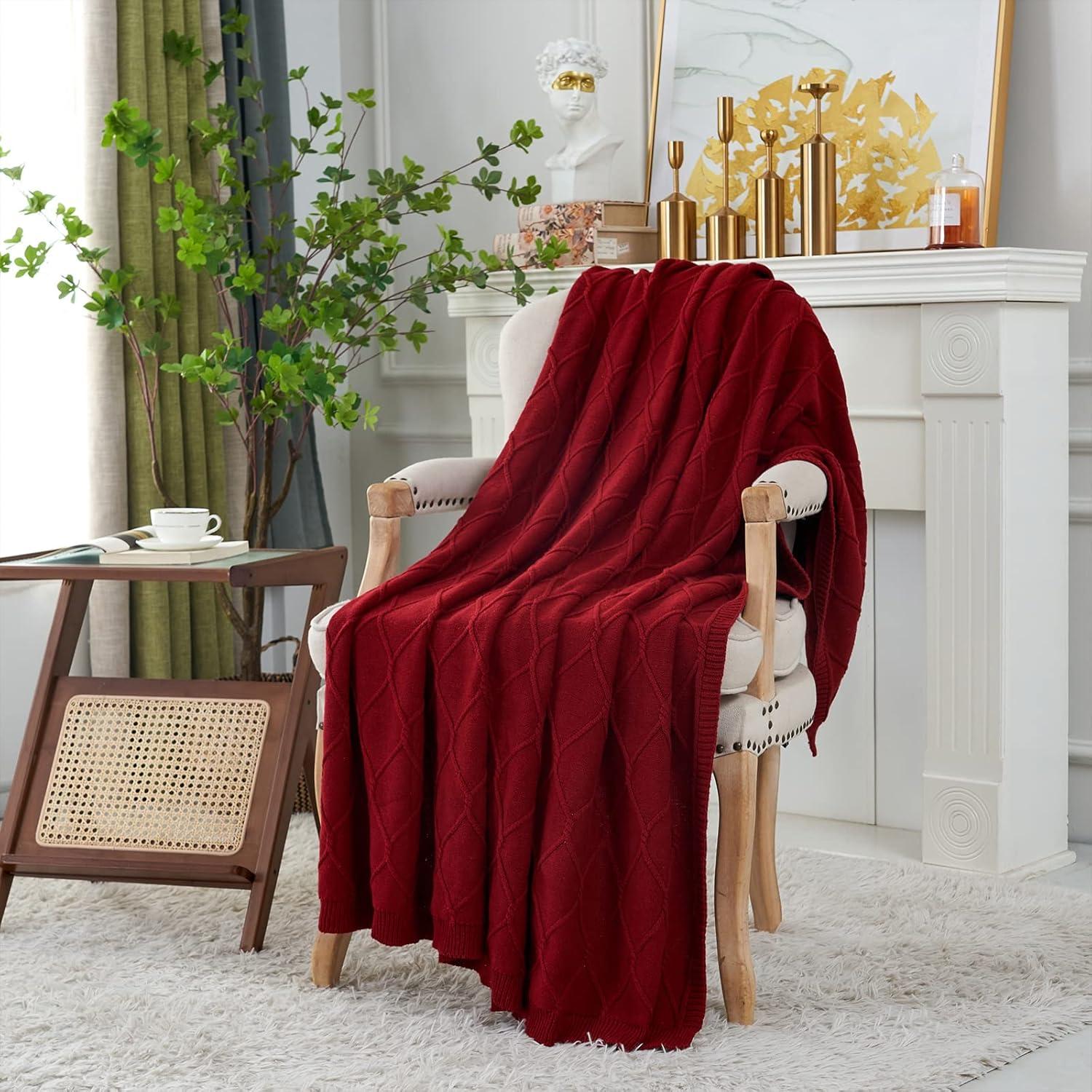 Longhui bedding 100% Cotton Burgundy Cable Knit Throw Blanket with Bonus Laundering Bag – Large 50 x 63 Inch Thick, Extra Cozy, Machine Washable, Home Decor, 2.35LB