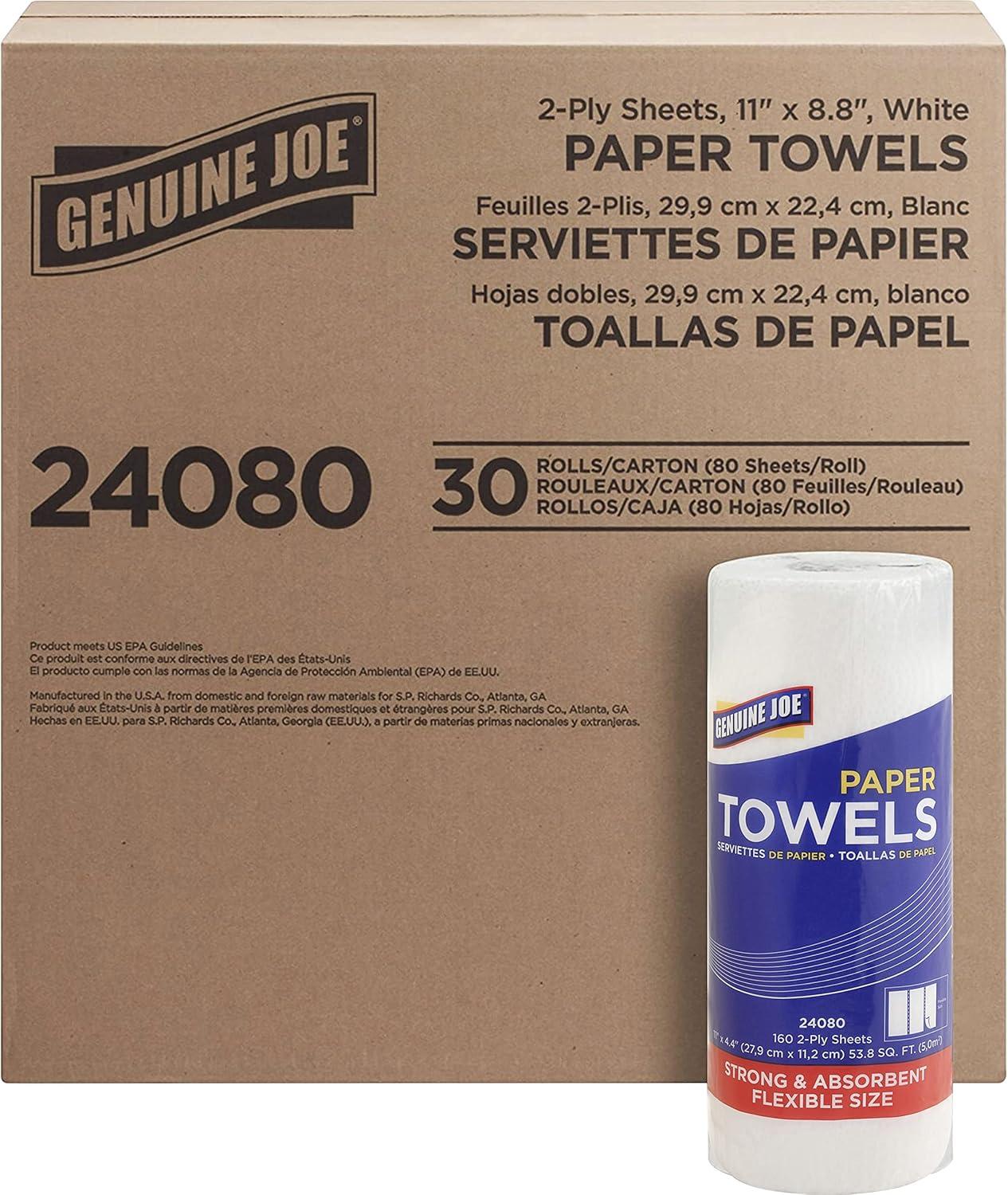 Genuine Joe 2-Ply Recycled Household Paper Towels, 30 Rolls