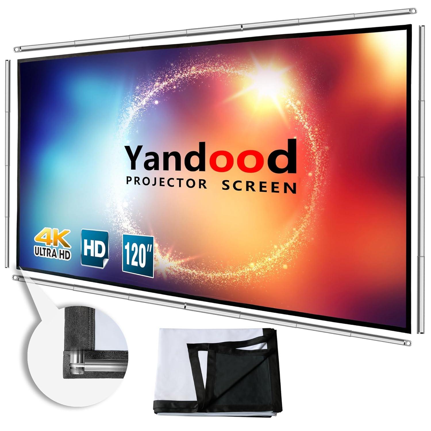 Foldable Projector Screen 120 inch with Lightweight Telescopic Pole Frame Wall Mounted Anti-Crease Black Backing Silver Portable Projection Screen