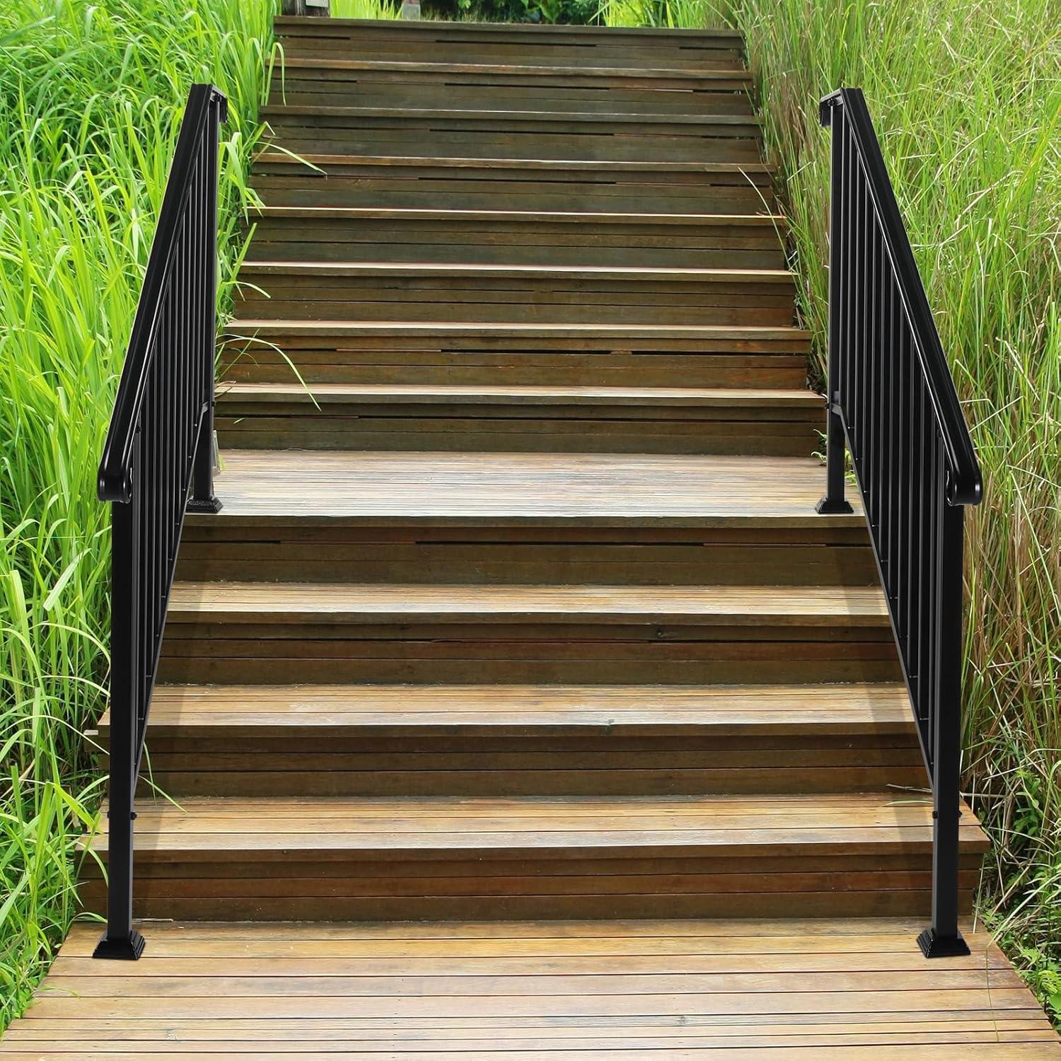 HLL Handrails for Outdoor Steps, Black Wrought Iron Handrail Fits 4 or 5 Steps, Transitional Handrail with Installation Kit, Stair Railing for Concrete Steps or Wooden Stairs