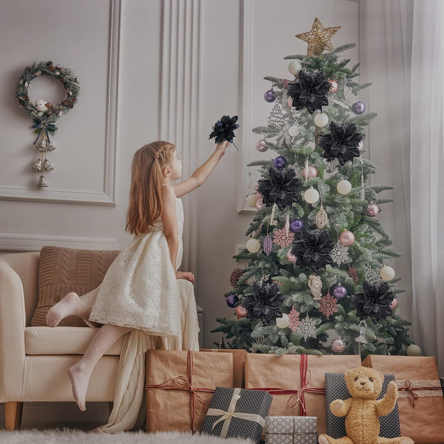 Glitter Christmas Poinsettia Artificial Xmas Flower Ornaments Flowers Decorations with Clips and Stems Glitter Poinsettia Christmas Tree Ornaments for Christmas Wedding (Black,36 Pieces)