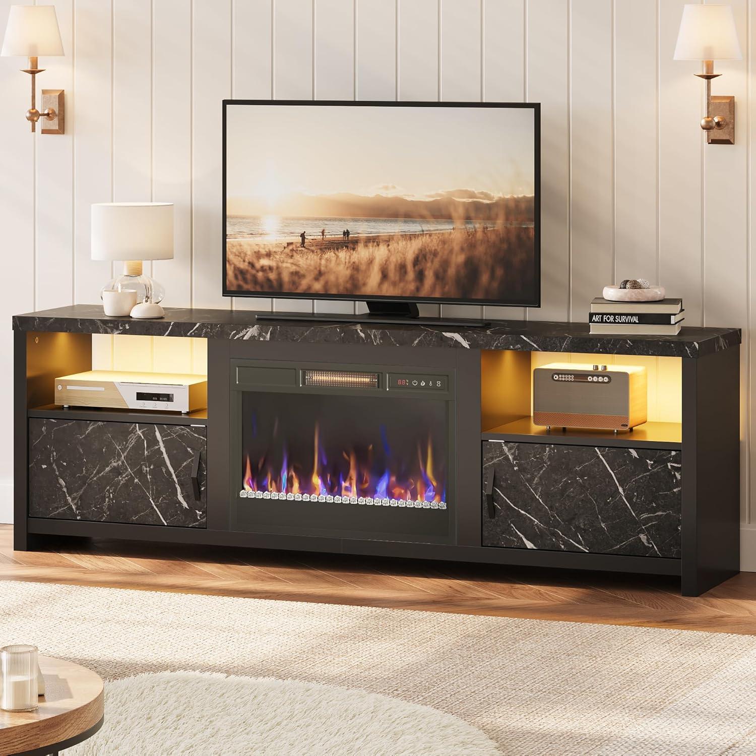 70.87 in. Walnut Electric Fireplace TV Stand Fits TV's Up to 75 in. LED Entertainment Center with Cabinets