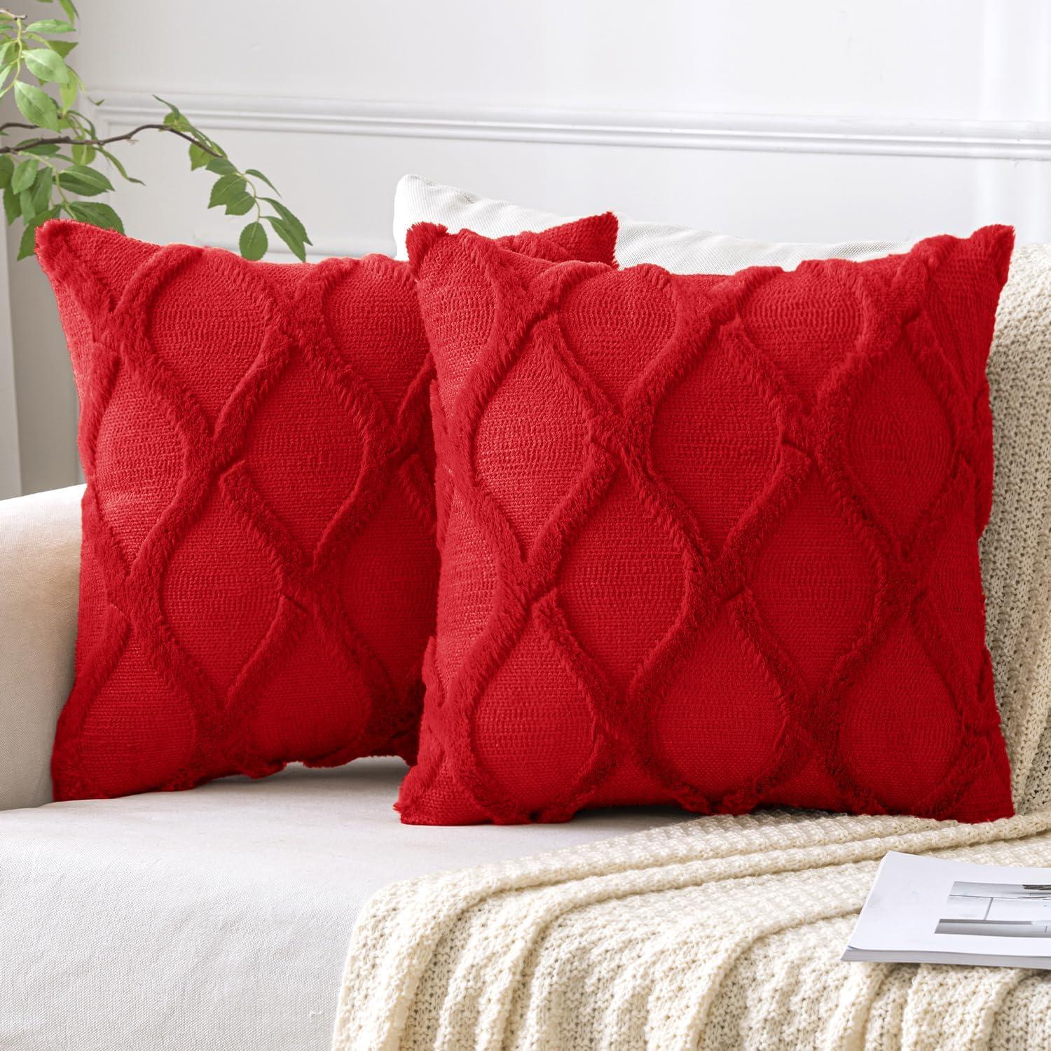 Red Plush Faux Wool Euro Throw Pillow Covers, 18x18 Inch, Set of 2