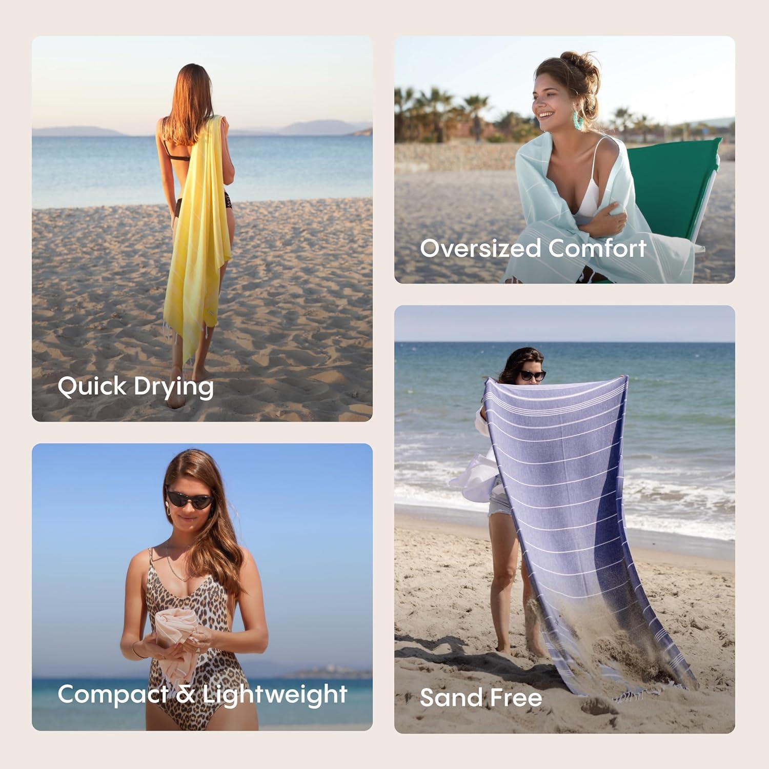 WETCAT Turkish Beach Towel Oversized (38"x71") 100% Turkish Cotton, Made in Turkey - Sand Free, Extra Large, Ultra Soft, Quick Drying, Compact & Lightweight for Travel - Aqua