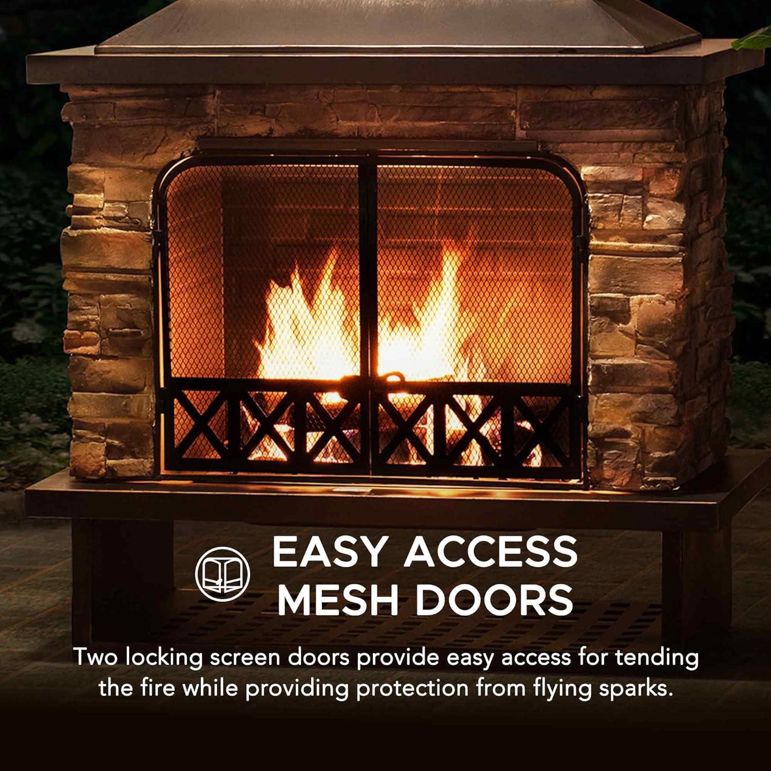 SUNJOY Outdoor 48 in. Black Steel Wood Burning Stone Fireplace with Fire Poker and Removable Grate