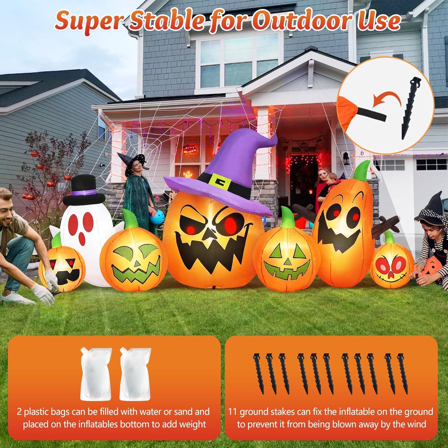 8FT Long Halloween Inflatables Outdoor Decorations, Haunted Inflatable Pumpkins With Witch Hat & Ghost Combo Blow Up Yard Decoration Built-In Leds Lighted For Lawn Garden Outside Indoor Decor