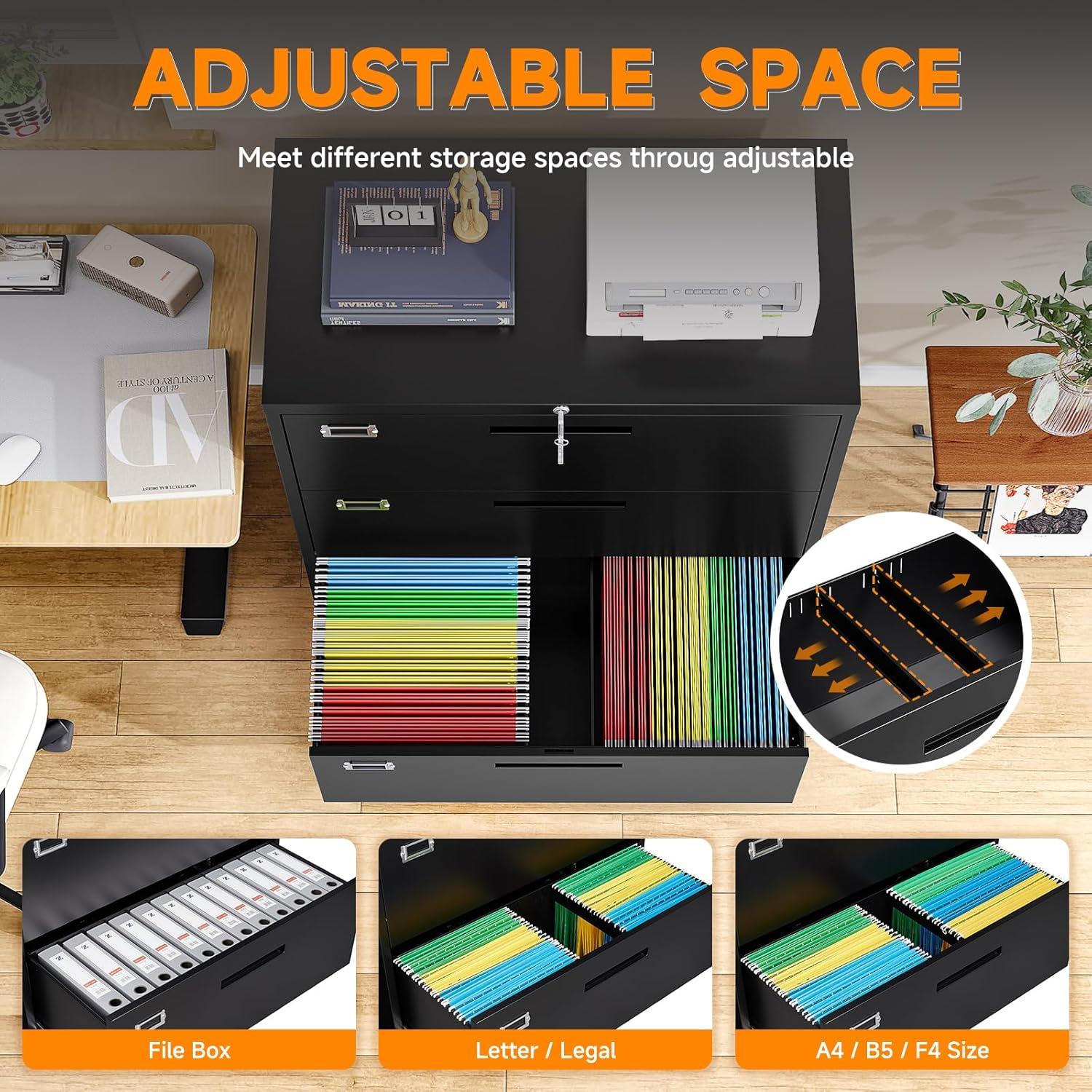 MIIIKO Lateral File Cabinet with Lock, 3 Drawer Lateral Filing Cabinet, Large Deep Drawers Locked by Keys, Metal Storage File Cabinet for Hanging Files Letter/Legal/F4/A4 Size