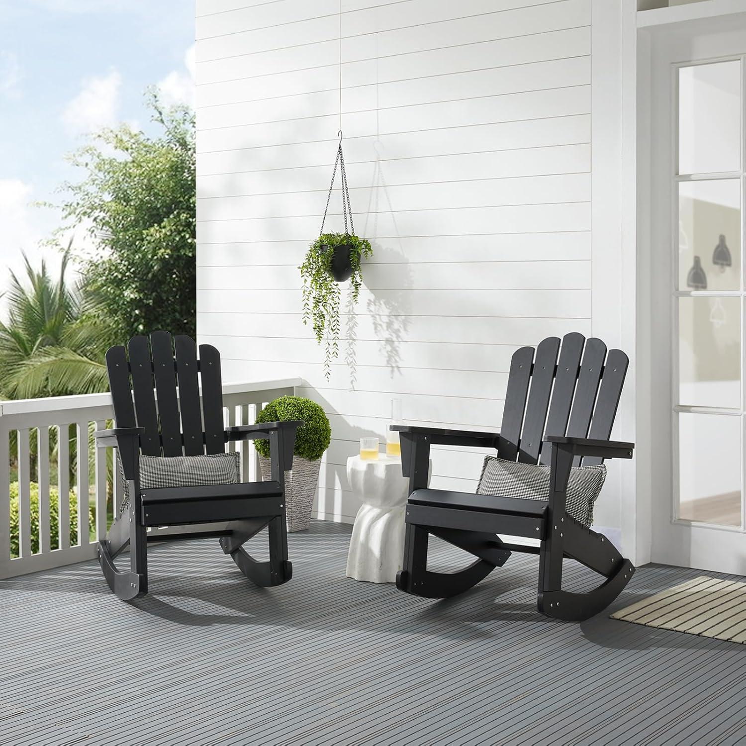 Flash Furniture Set of 2 Savannah Commercial Grade All-Weather Poly Resin Wood Adirondack Rocking Chairs with Side Table in Black