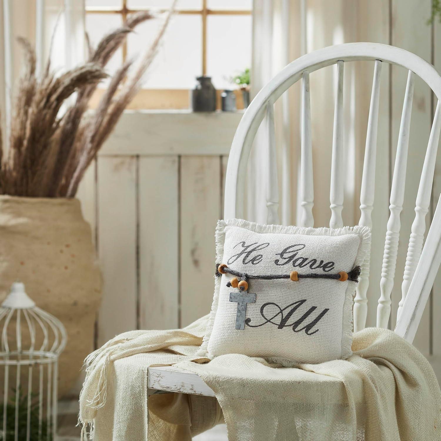 Antique White Cotton Burlap Square Pillow with Galvanized Cross