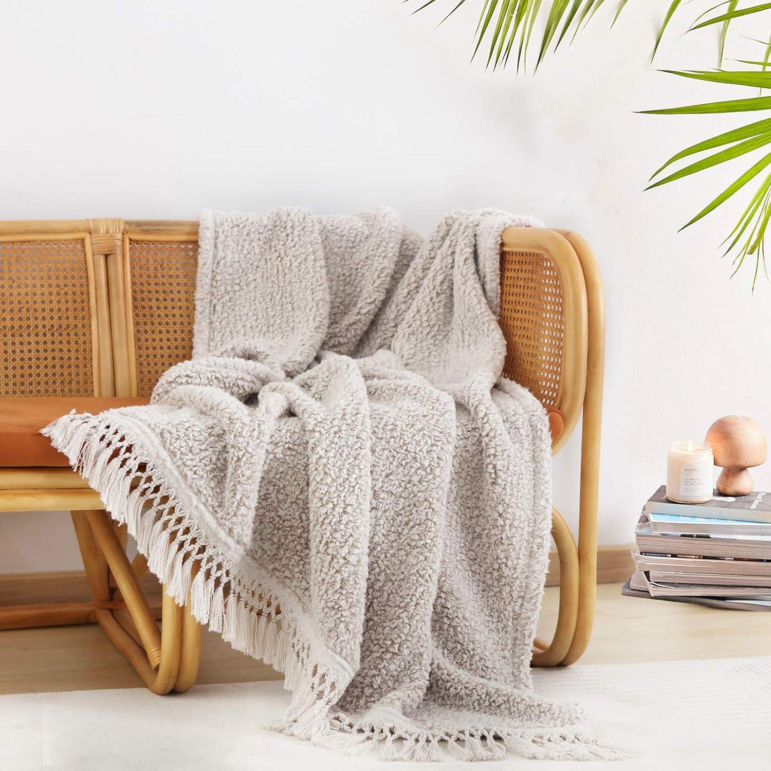 Light Brown Reversible Sherpa Throw Blanket with Tassels