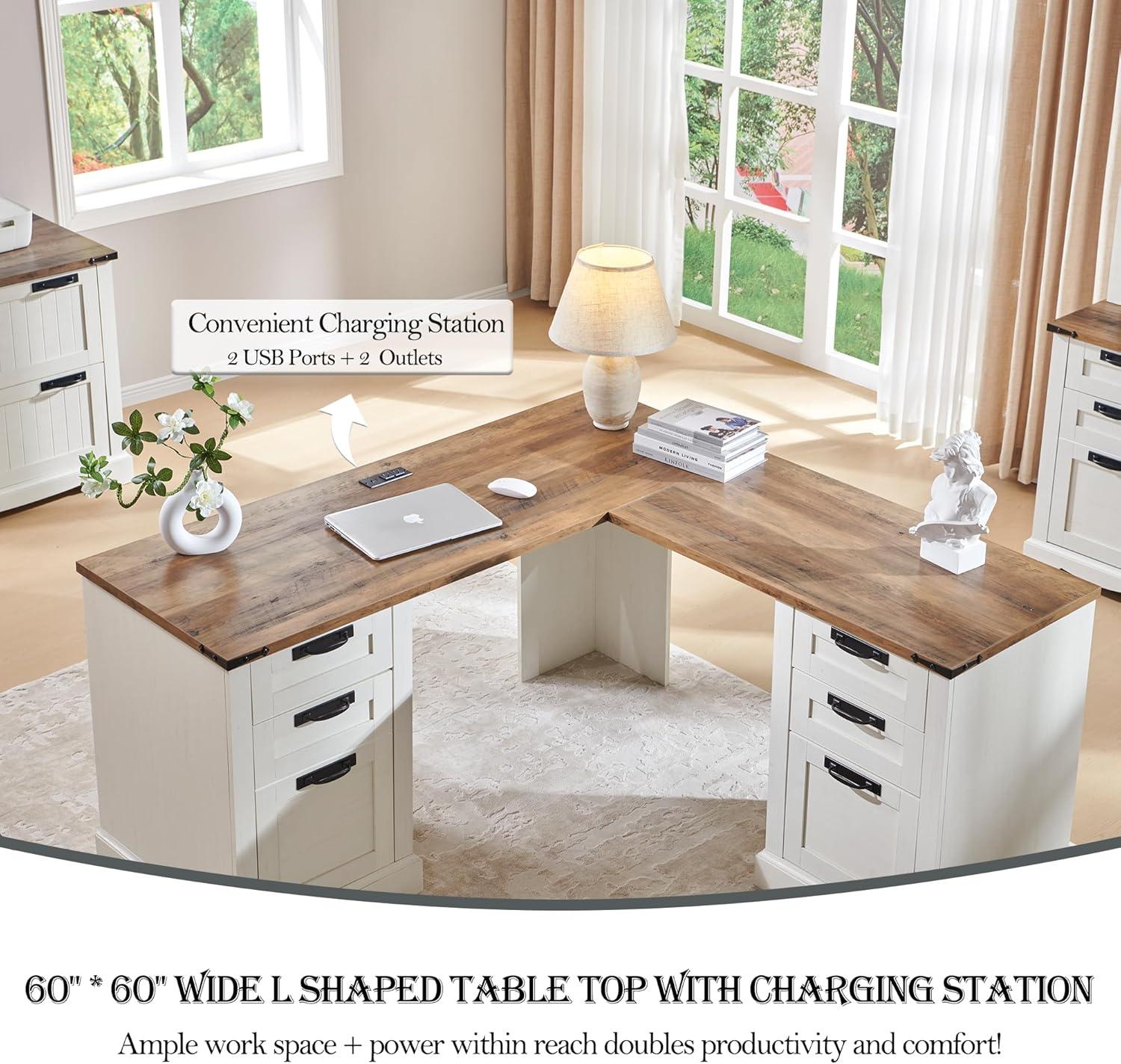 Danolapsi 60" Farmhouse L Shaped Executive Desk with Drawers,Home Office Desk with File Drawers and Storage Cabinet,Corner Computer Desk with Adjustable Side Storage Cabinet,Computer Writing Desk