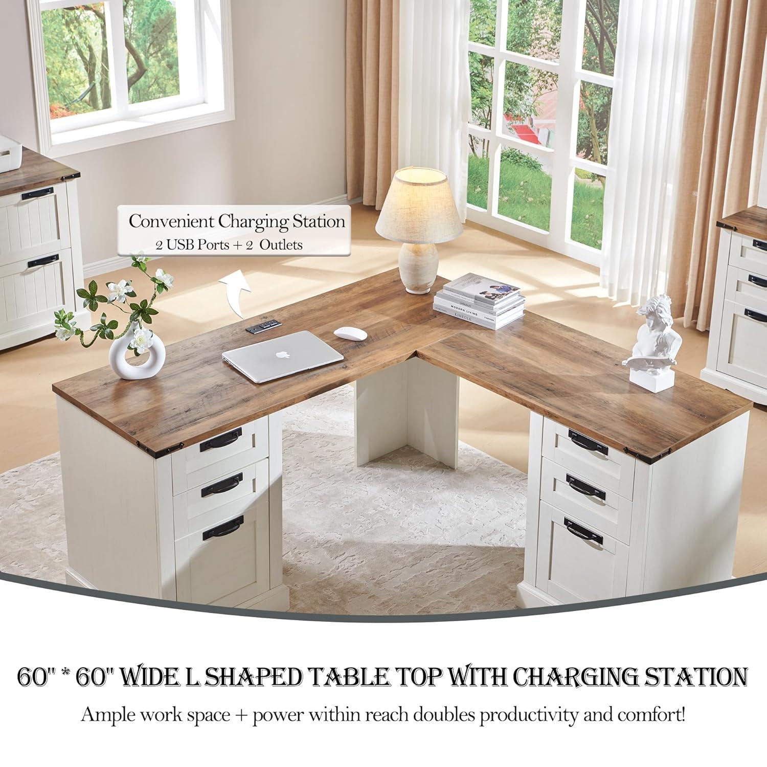 Danolapsi 60" Farmhouse L Shaped Executive Desk with Drawers,Home Office Desk with File Drawers and Storage Cabinet,Corner Computer Desk with Adjustable Side Storage Cabinet,Computer Writing Desk