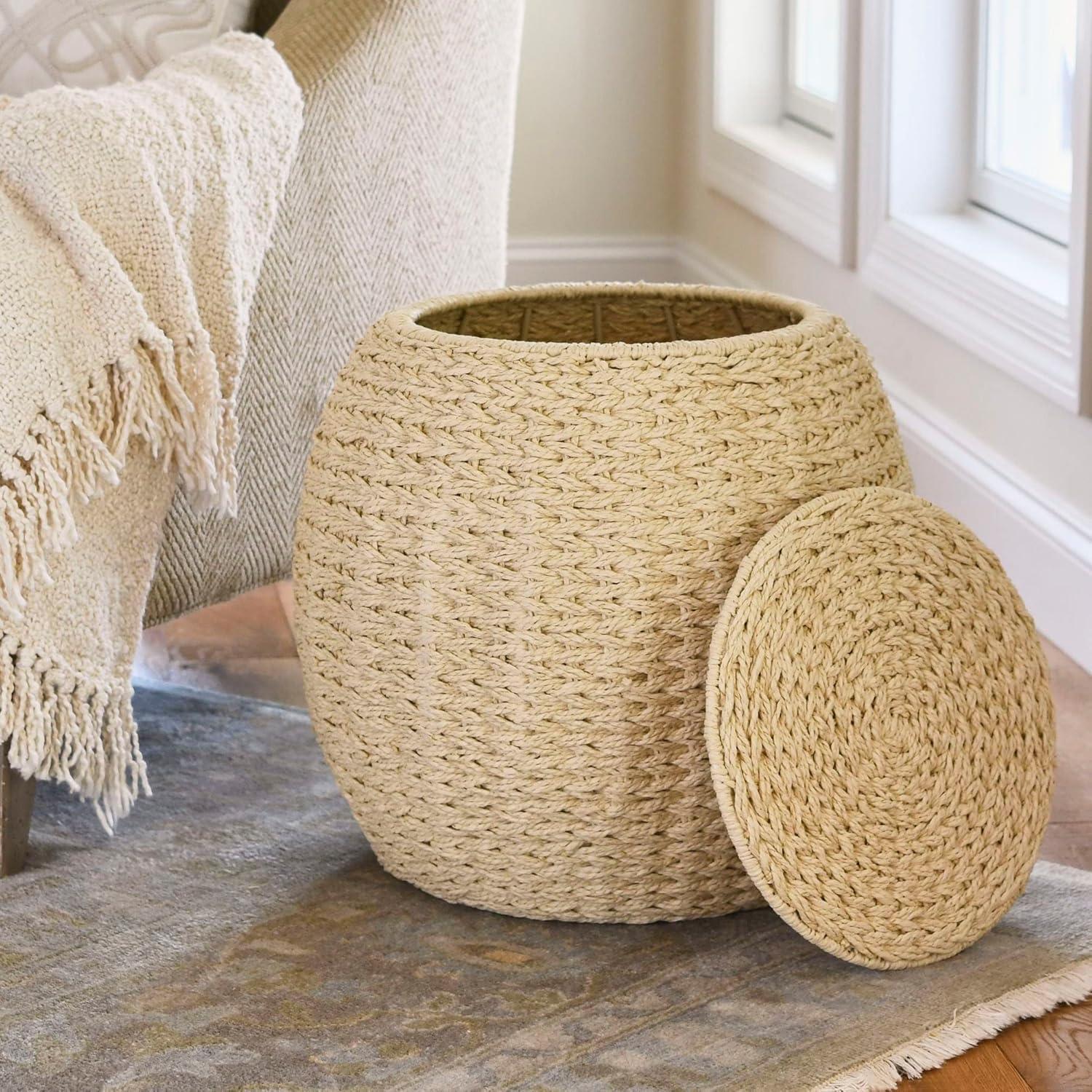 Household Essentials Barrel Basket Side Table, Hand-woven Resin Woven, Sturdy Metal Frame, Weather Resistant, Easy to Clean, Multipurpose, Great for Indoor and Outdoor Use, Cream