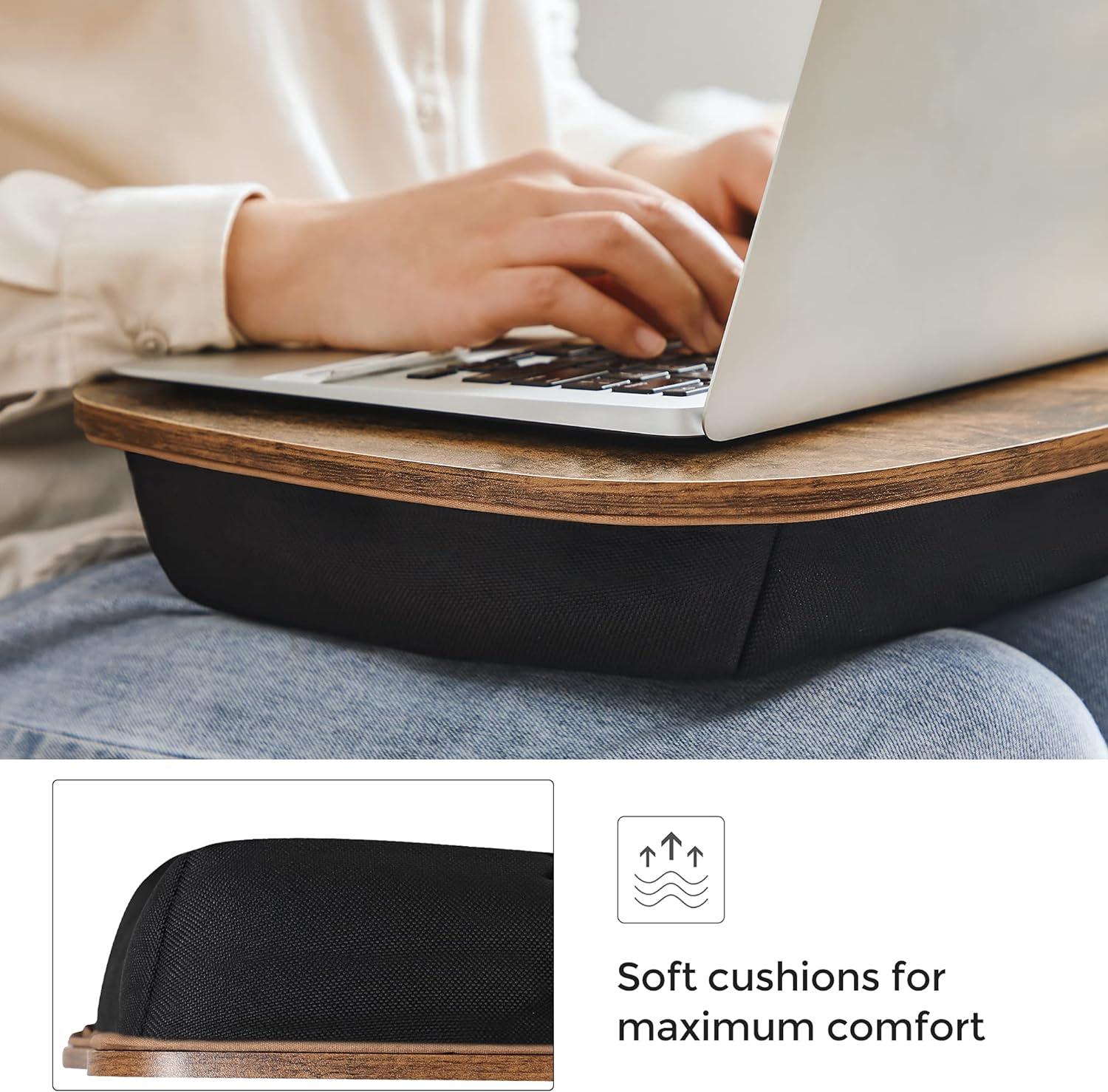 Portable Lap Desk,  Rustic Brown, Bed Tray with Handle & Cushion, Laptop Table for Comfort.