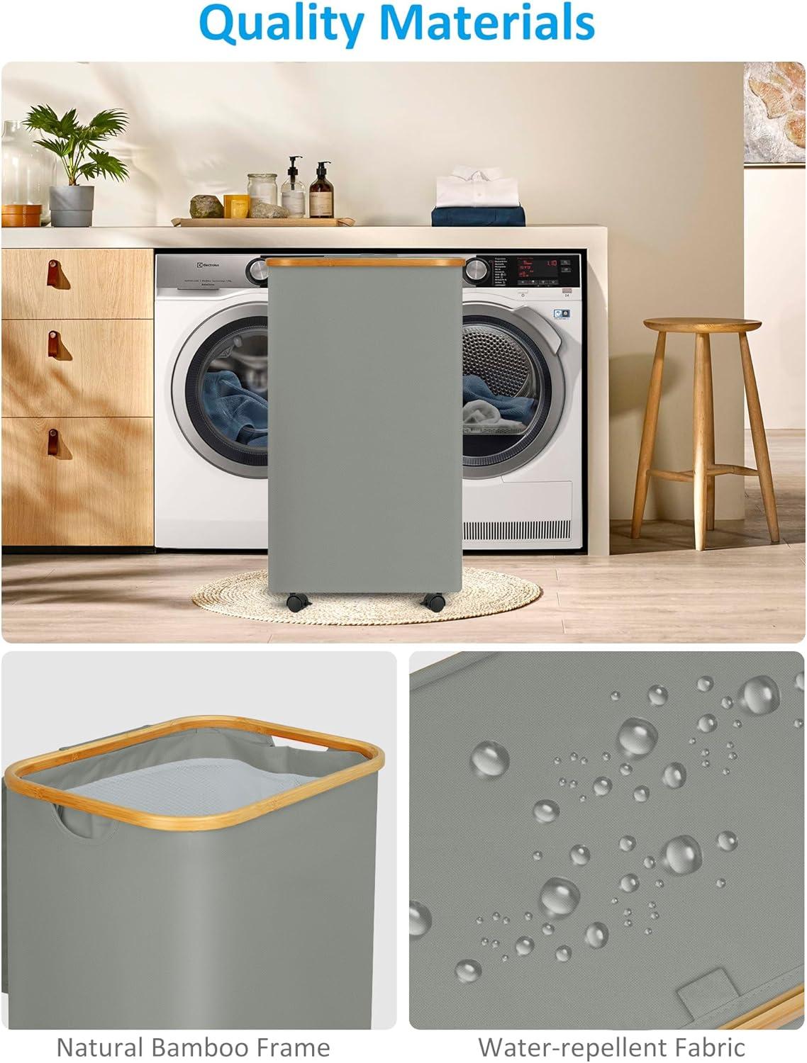 Hokku Designs Laundry Basket On Wheels With Lid And Removable Bag, Grey