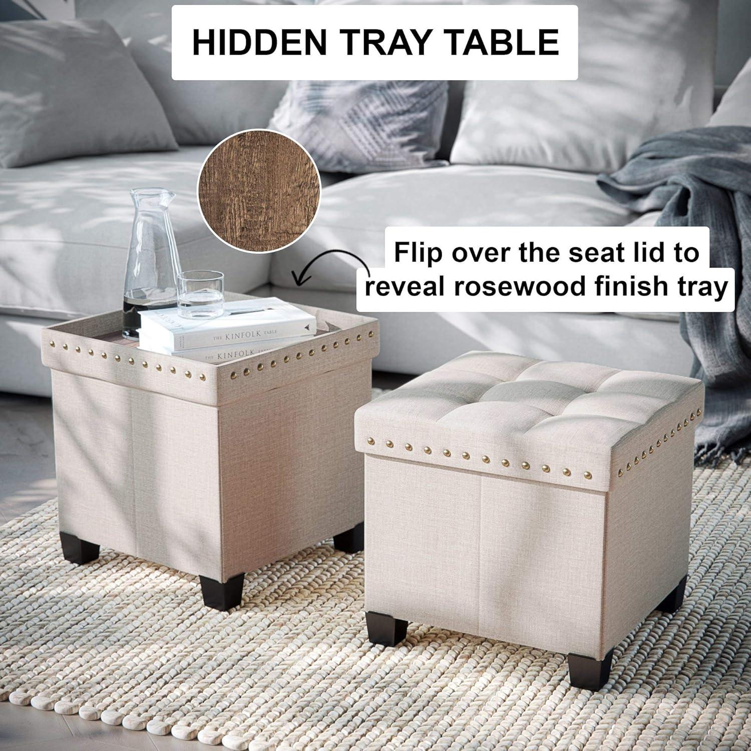 Nathan James Payton Foldable Cube Storage Ottoman Footrest and Seat with Beige Fabric