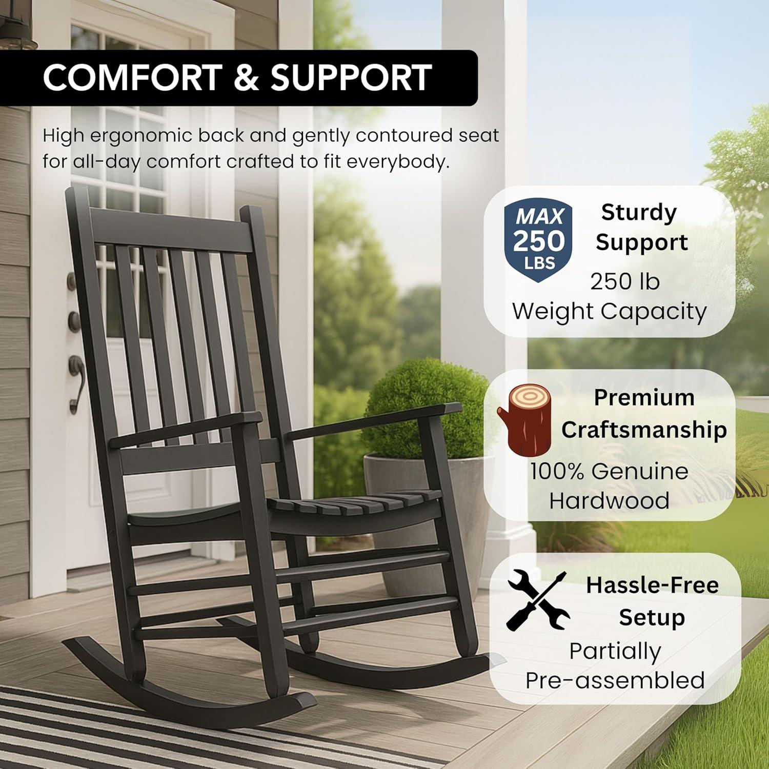 Shine Company Vermont Porch Rocker, High Back Wood Rocking Chair, Black