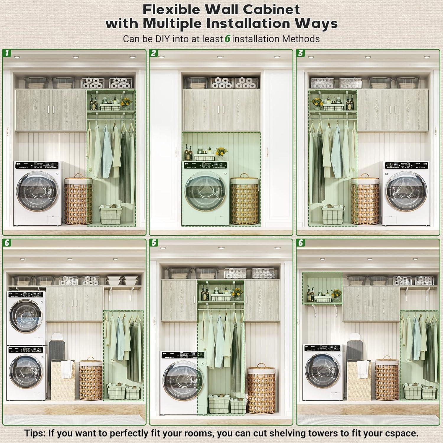 Cyclysio Wall Cabinet with Hanging Rods, 65''W Laundry Cabinet with 2 Doors & Shelves, Reversible Build-in Medicine Cabinet with Shelf Towers, Small Storage Cabinet for Laundry, Bedroom, White Oak