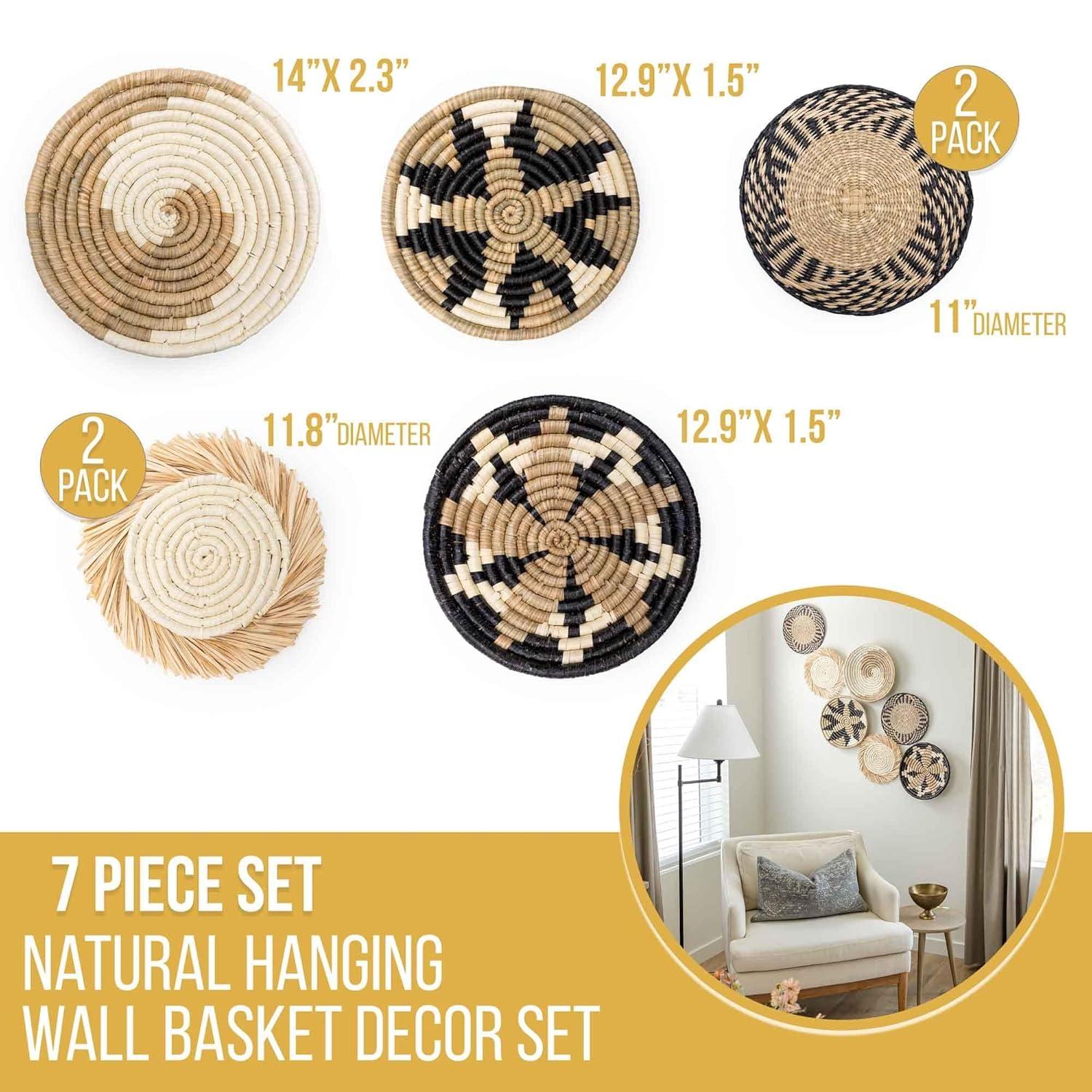 Hanging Woven Wall Basket Set - 7 Unique Handcrafted Seagrass Baskets for Boho, Farmhouse & Rustic Wall Decor, Table Settings & More - Ready to Hang with Nails & Marking Pencil Included