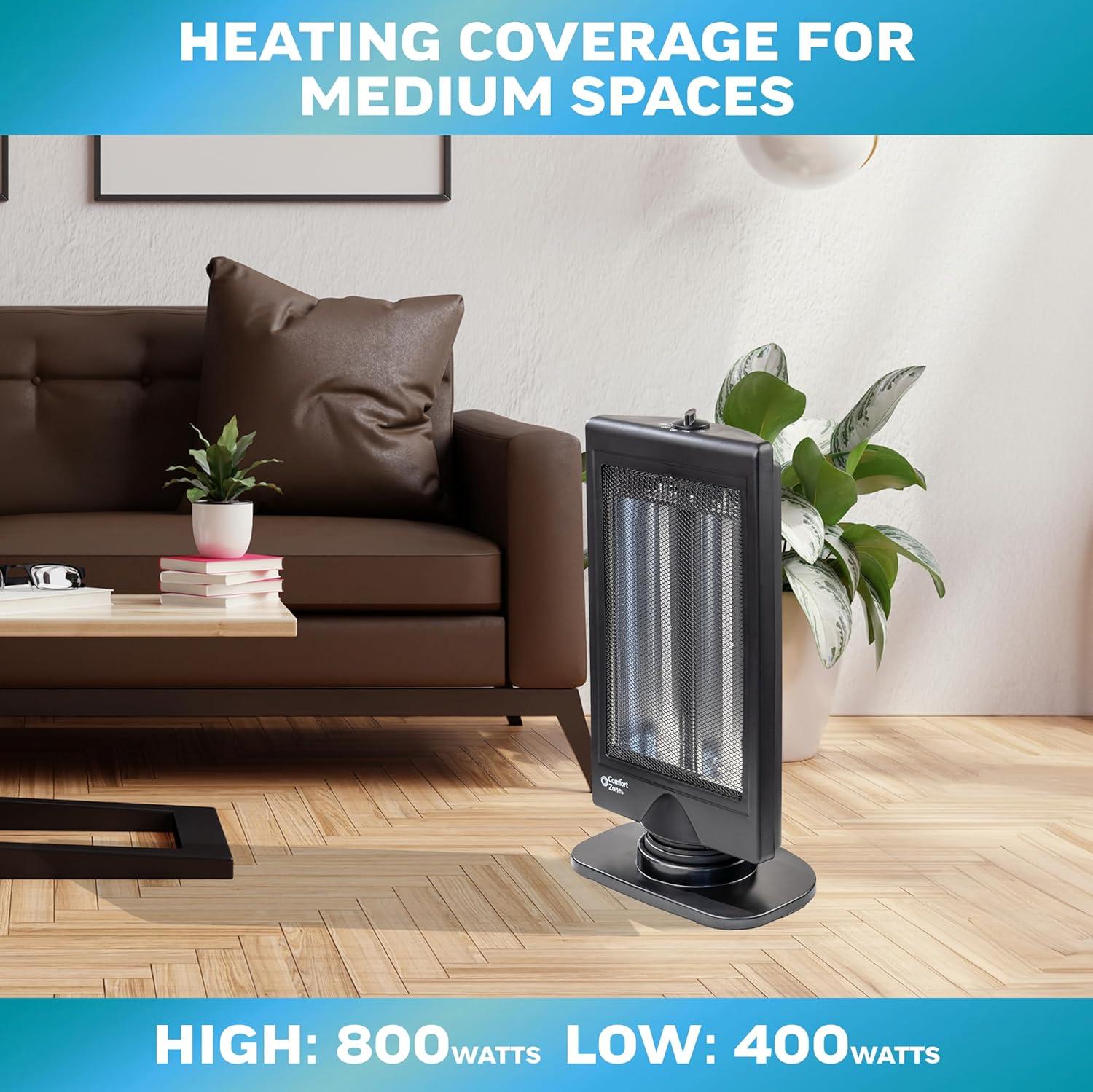 Comfort Zone Oscillating Portable Space Heater, Flat Panel, Halogen, Infrared, Electric, Adjustable Tilt, Overheat Sensor, Stay-Cool, & Tip-Over Switch, Ideal for Home, 800W, CZHTV9