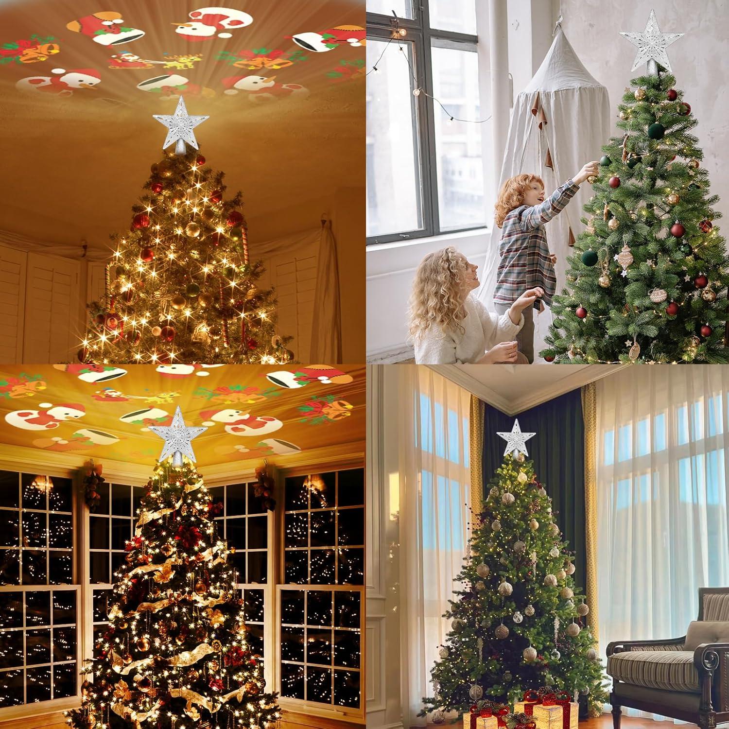 HOUFIY Christmas Tree Topper Lighted with 6 Projection Modes Star Tree Topper Built-in LED Rotating 3D Lighted Glitter Star Decorations Projector Tree Topper for Christmas Tree