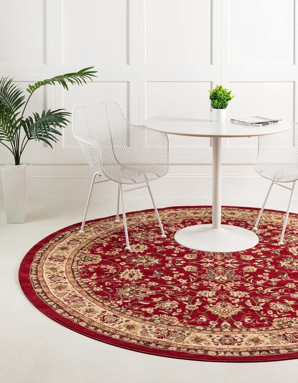 Burgundy and Ivory Round Synthetic Floral Area Rug