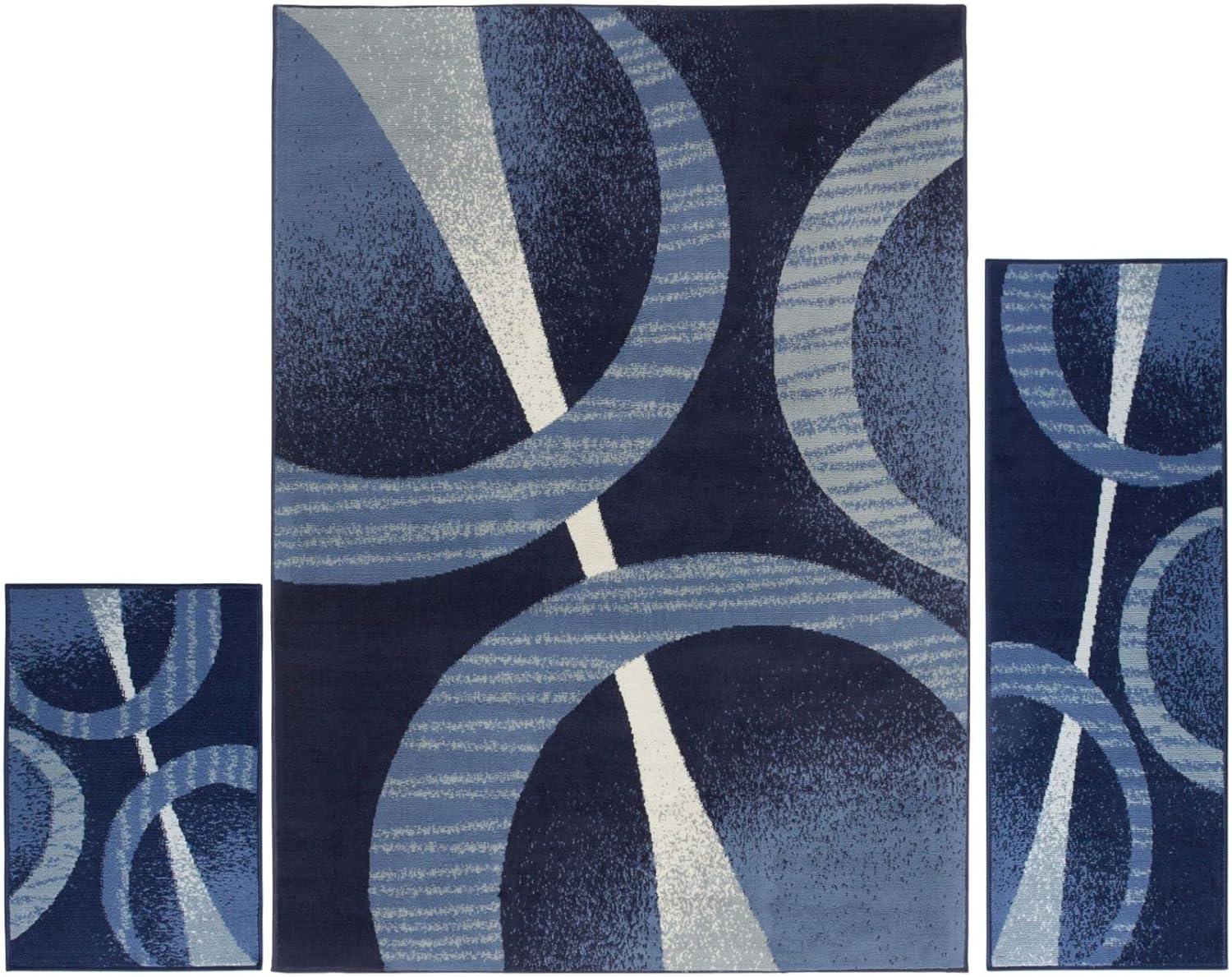 Navy Blue Abstract Geometric 3-Piece Synthetic Area Rug Set