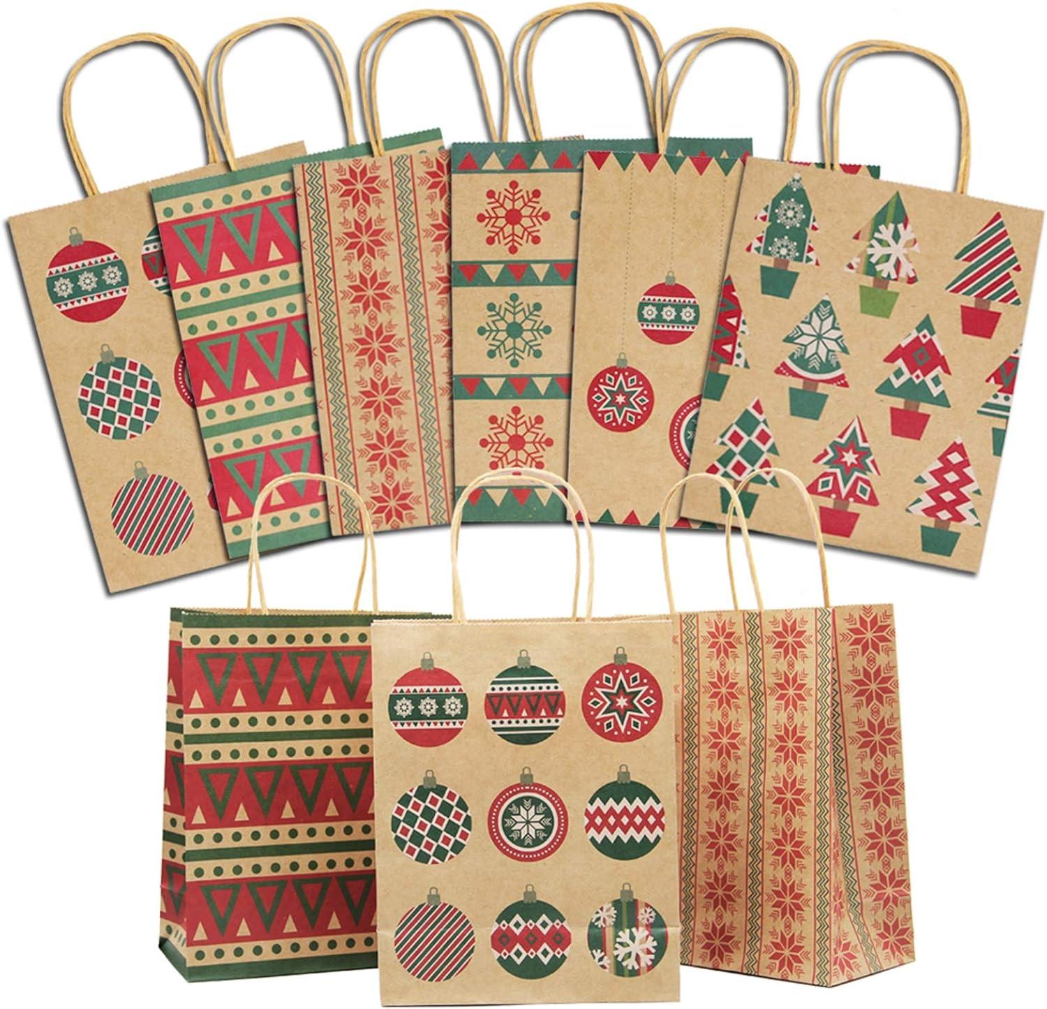 Assorted Kraft Christmas Gift Bags with Festive Designs, 24-Pack