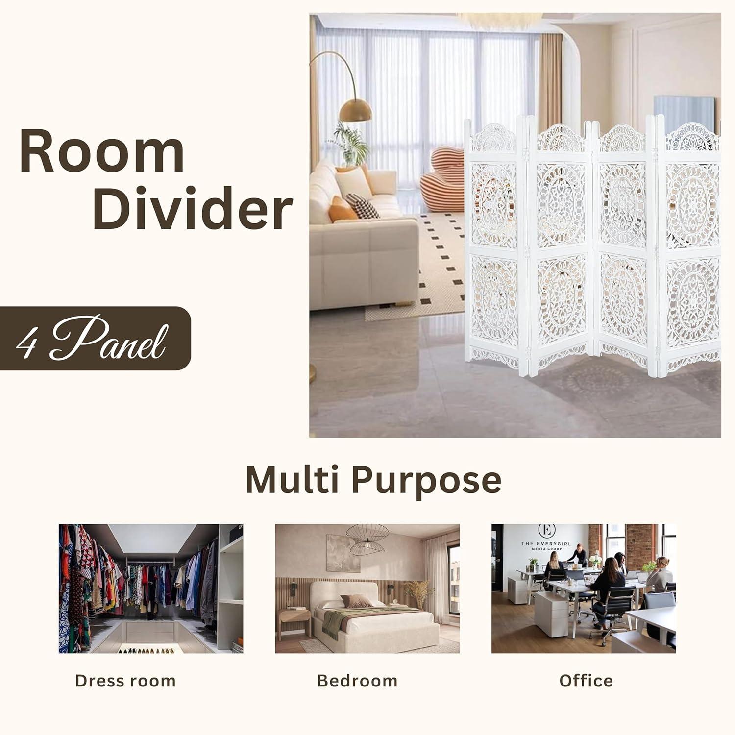 Canora Grey Light & Pro Wood Heart Design Handmade Hinged Foldable Partition 4 Panel Room Divider Screen With Intricately Carved Designs, Pre Assembled - Ready To Use - 48" X 64"