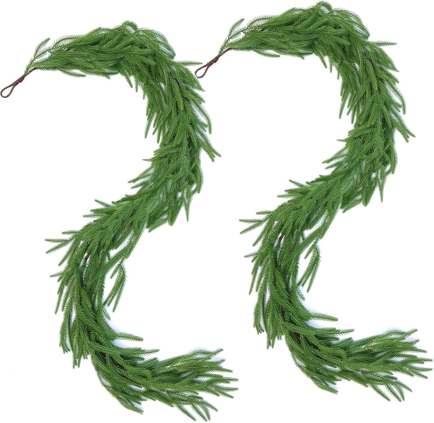 Seasonal Offers 2 Pcs Artificial Norfolk Pine Garlands, Real Touch Winter Pine Garland, Green Artificial Greenery Garland for Table, Mantle, Wall, Indoor, Outdoor Christmas Decorations (2, 6 FT)