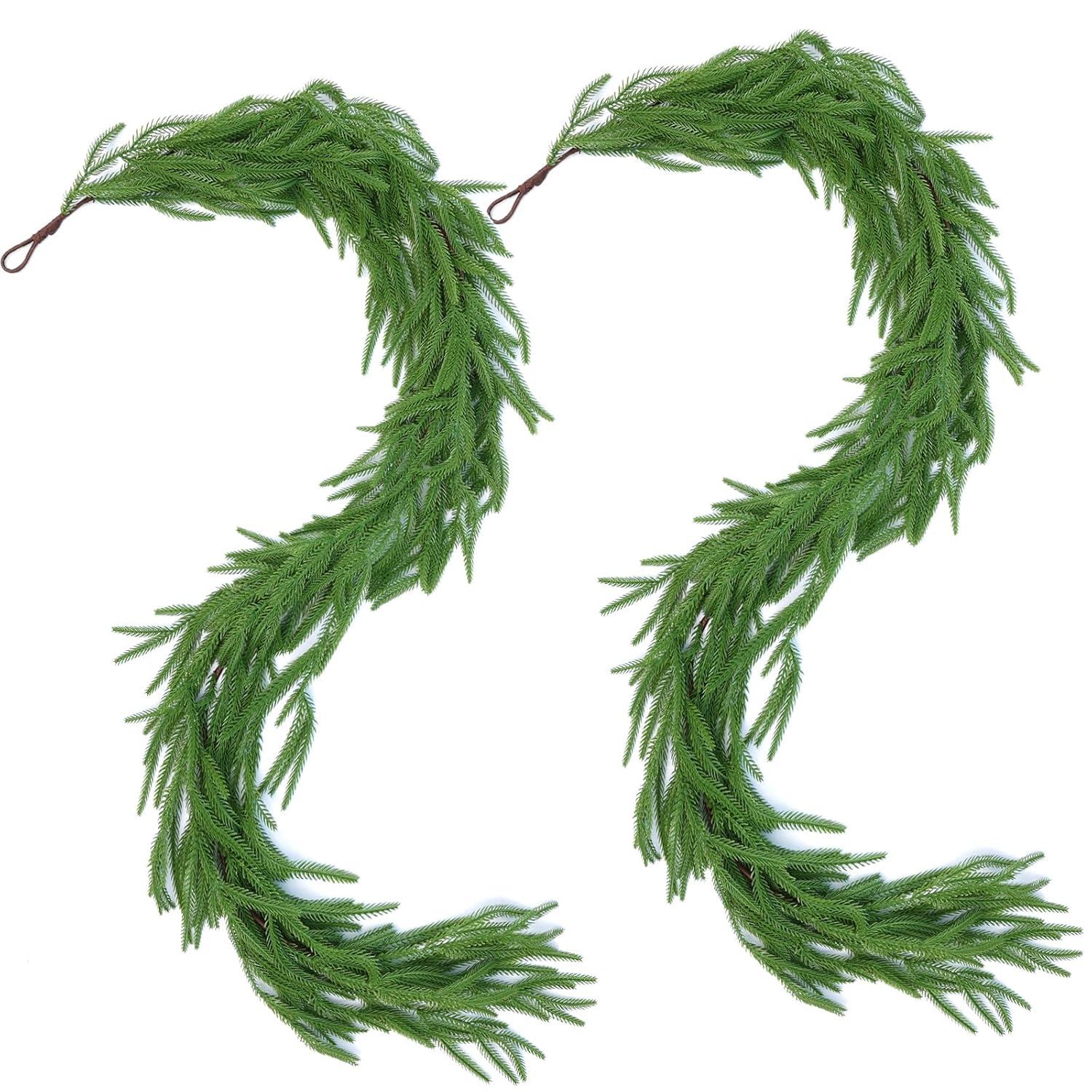 Seasonal Offers 2 Pcs Artificial Norfolk Pine Garlands, Real Touch Winter Pine Garland, Green Artificial Greenery Garland for Table, Mantle, Wall, Indoor, Outdoor Christmas Decorations (2, 6 FT)