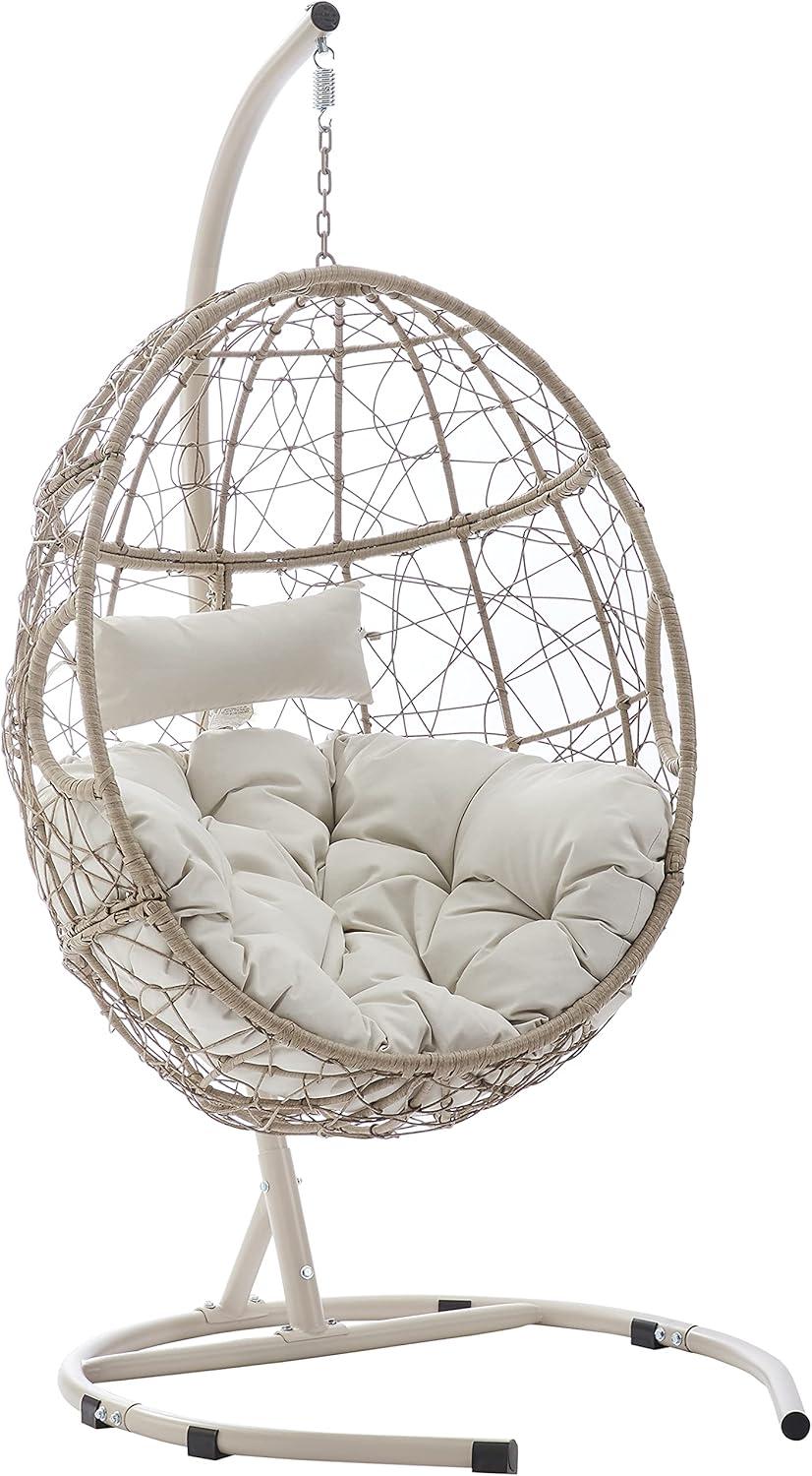 Crosley Furniture Cleo Outdoor Wicker / Rattan Hanging Egg Chair in Light Beige