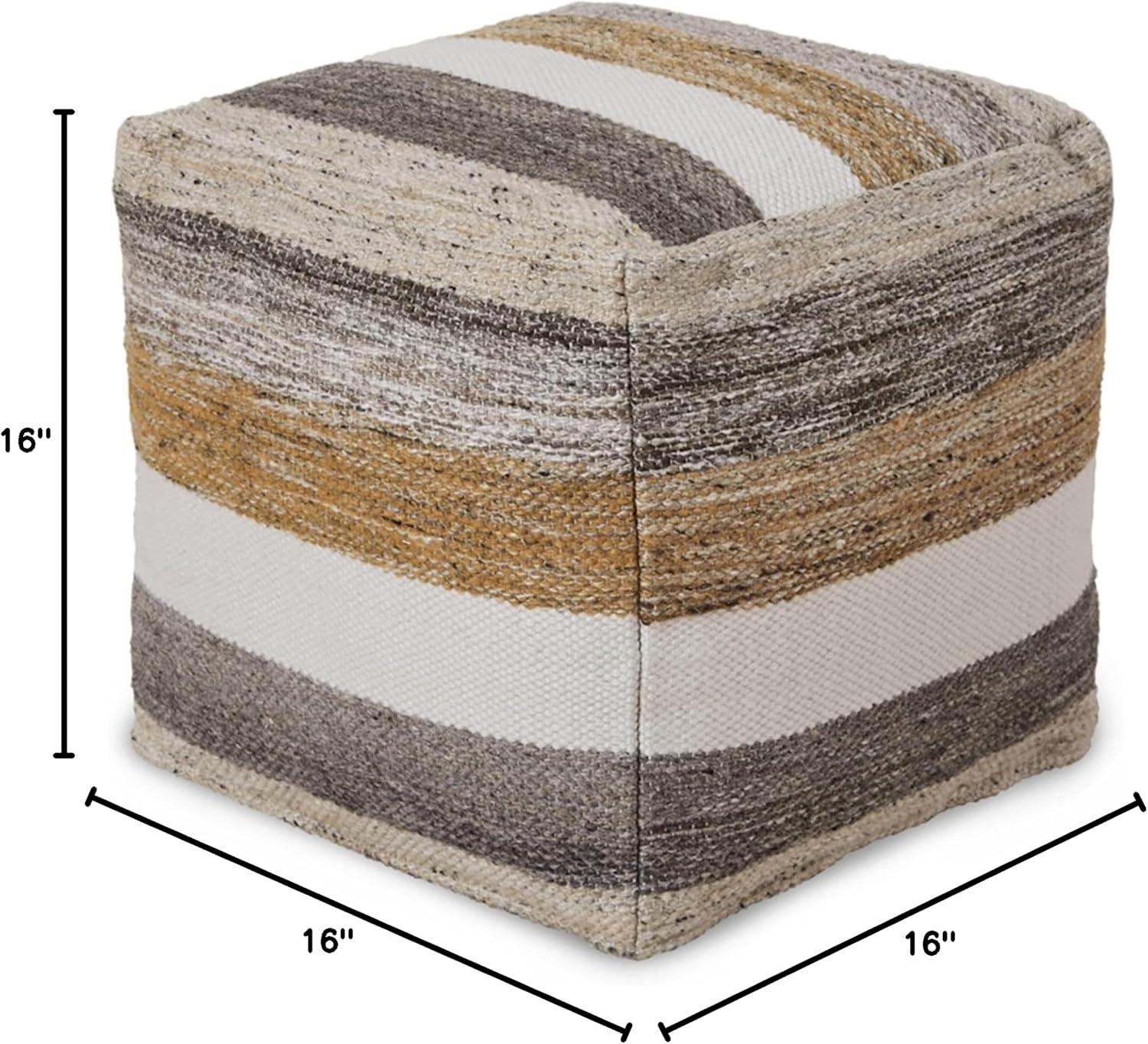 Beige and Gray Handwoven Wool Pouf Ottoman