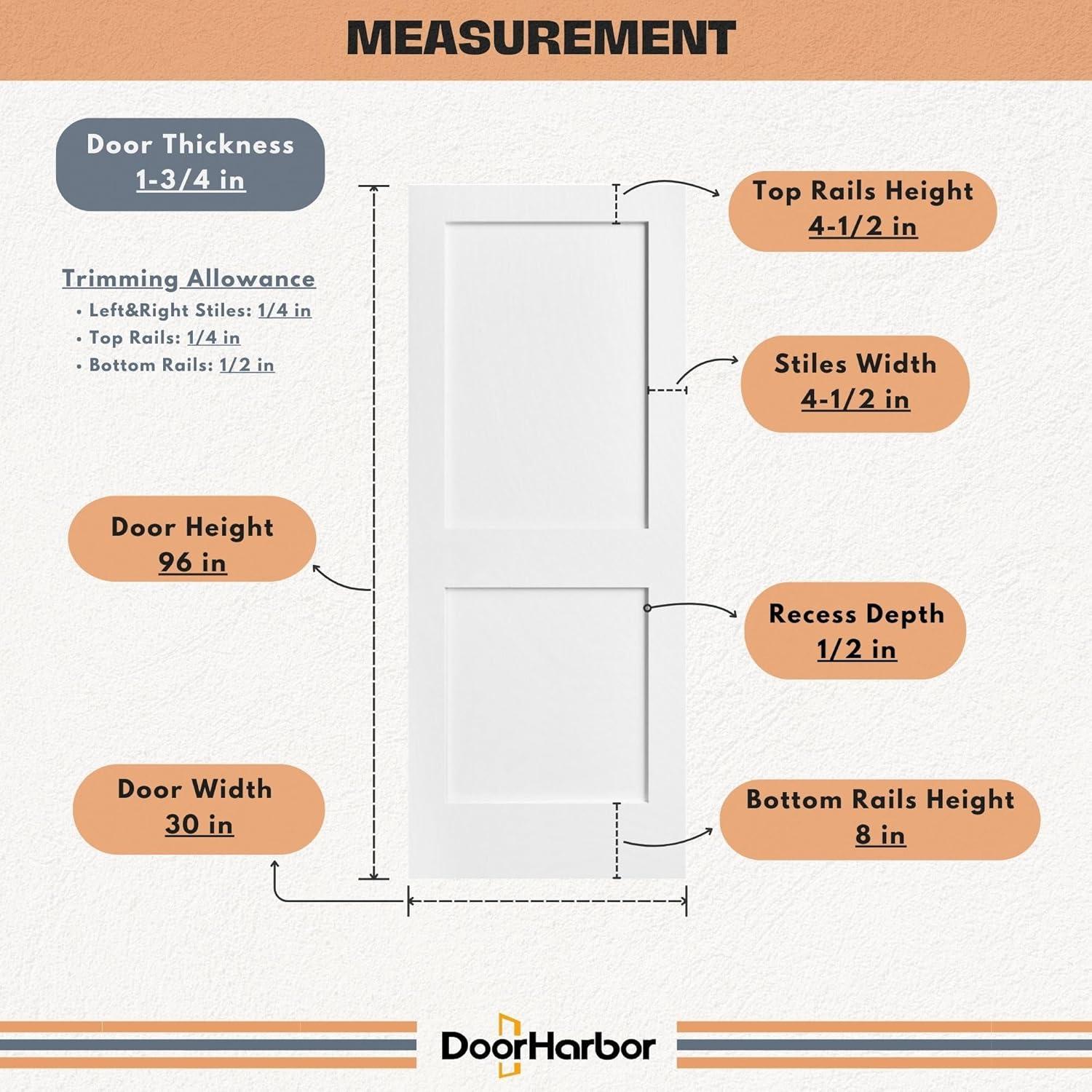 30" x 96" Interior Door Slab Only, 2-Panel Shaker Design, No Pre-Drilled Holes, White Primed, Solid Core, for Sliding, Swing, Barn, Bifold, or Pocket Door Applications (Not Prehung)