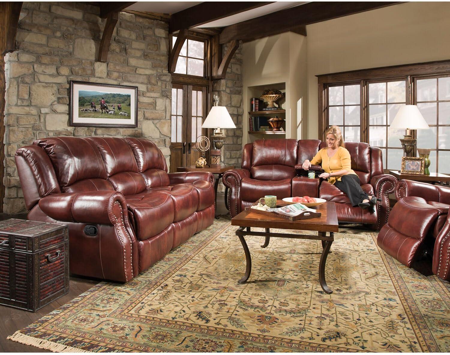 Aspen Brown Leather Double-Reclining Loveseat with Cup Holder