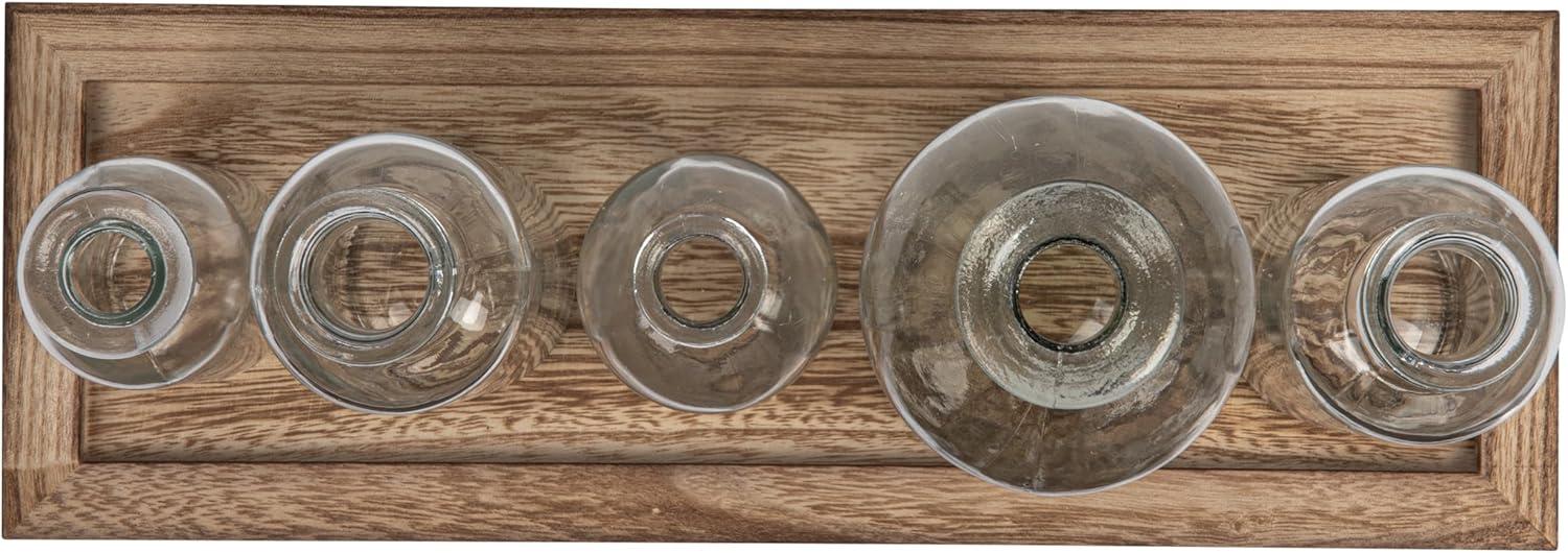 Creative Co-Op Set of 5 Vintage Bottle Vases on Wood Tray, Clear and Natural, Set of 6