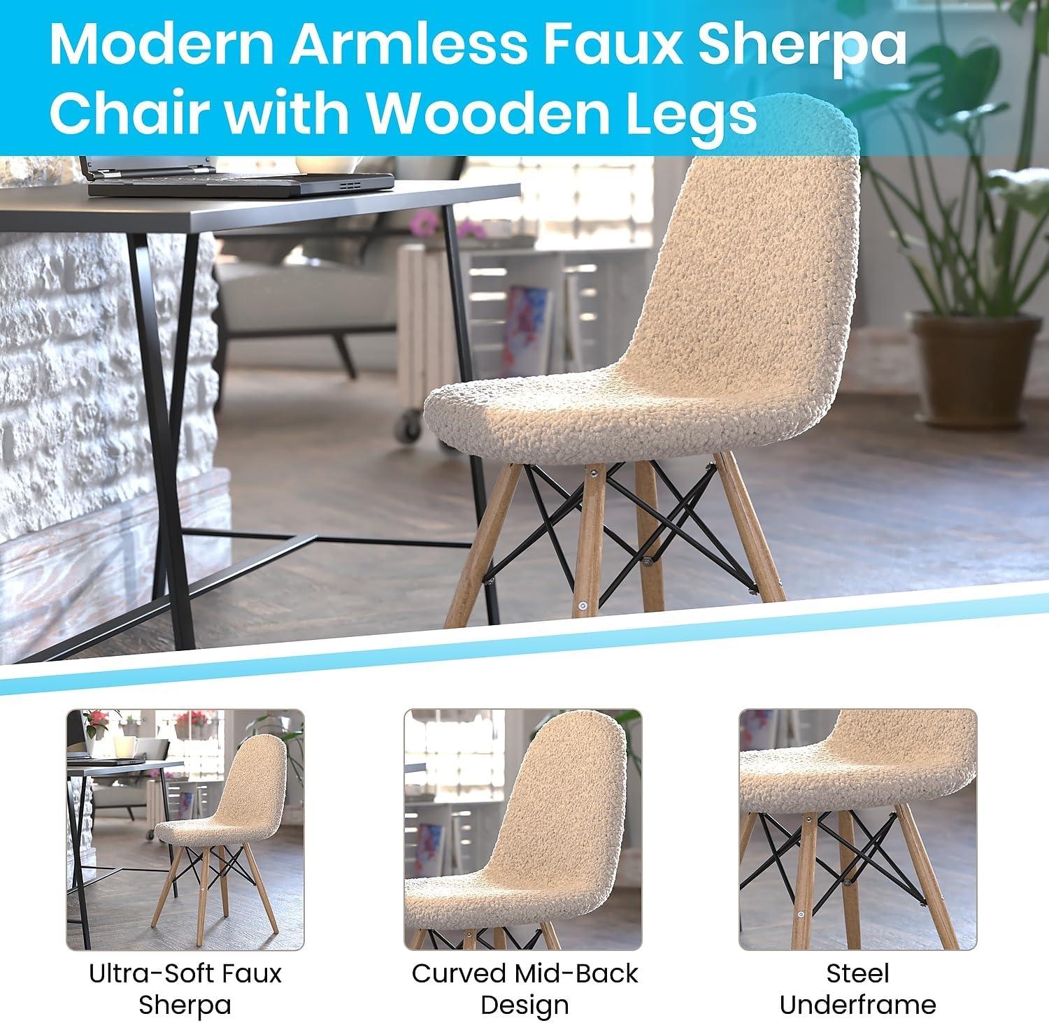 Caroline Armless Faux Shearling Faux Shearling Chairs with Modern Wooden Legs